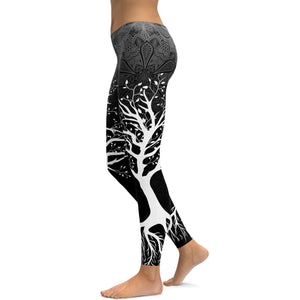 womens Dark Tree of Life Leggings with black to grey and white color pattern