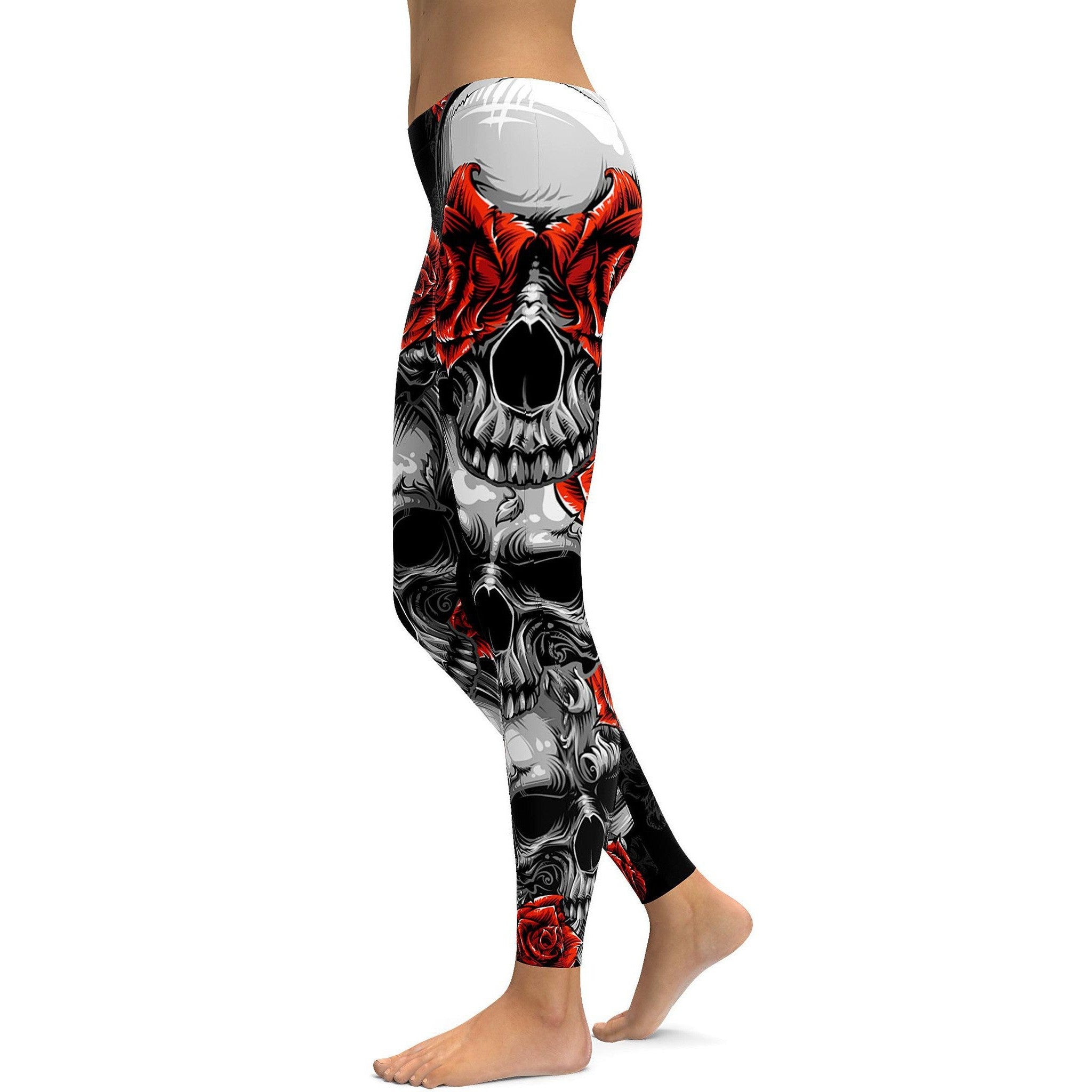 Womens Workout Yoga Skulls and Roses Leggings Black/Red/White
