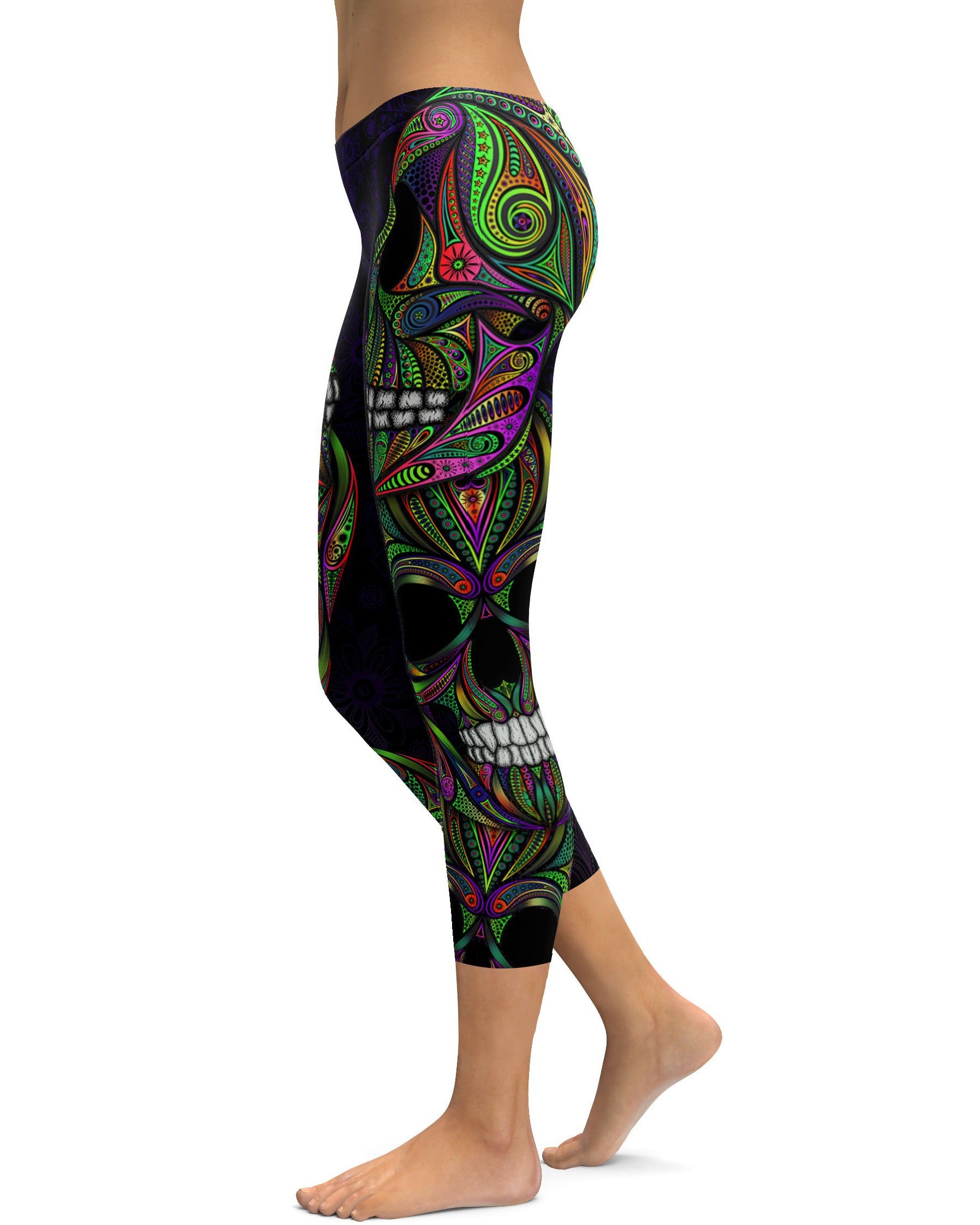 Colorful Green Ornament Skull Capris - GearBunch Leggings / Yoga Pants