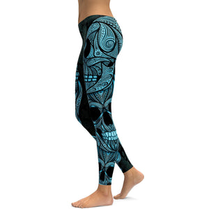 Blue Ornamental Skull Leggings - GearBunch Leggings 