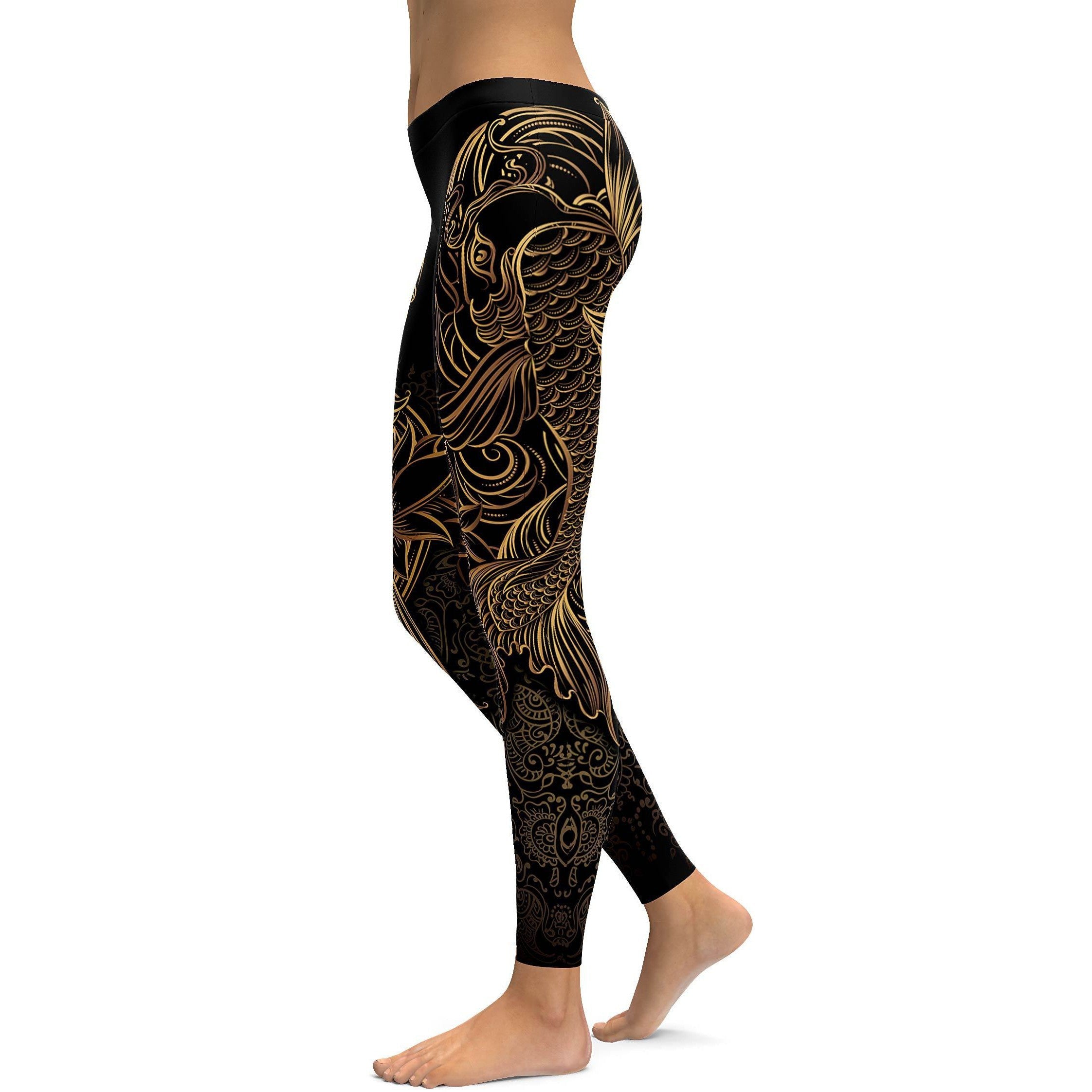 Golden Oriental Koi Fish Leggings - GearBunch Leggings / Yoga Pants