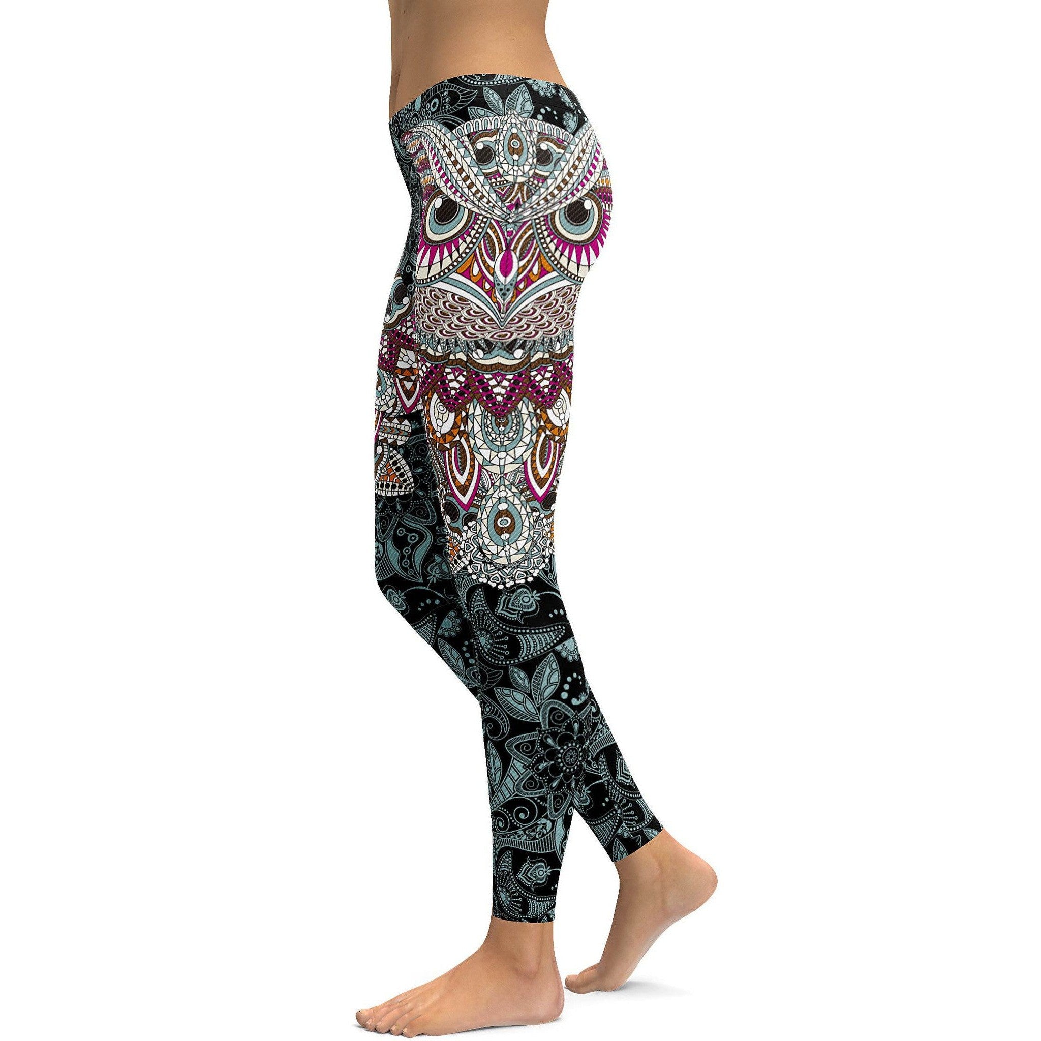 Womens Workout Yoga Ornamental Owl Leggings Pink/White/Black | Gearbunch.com
