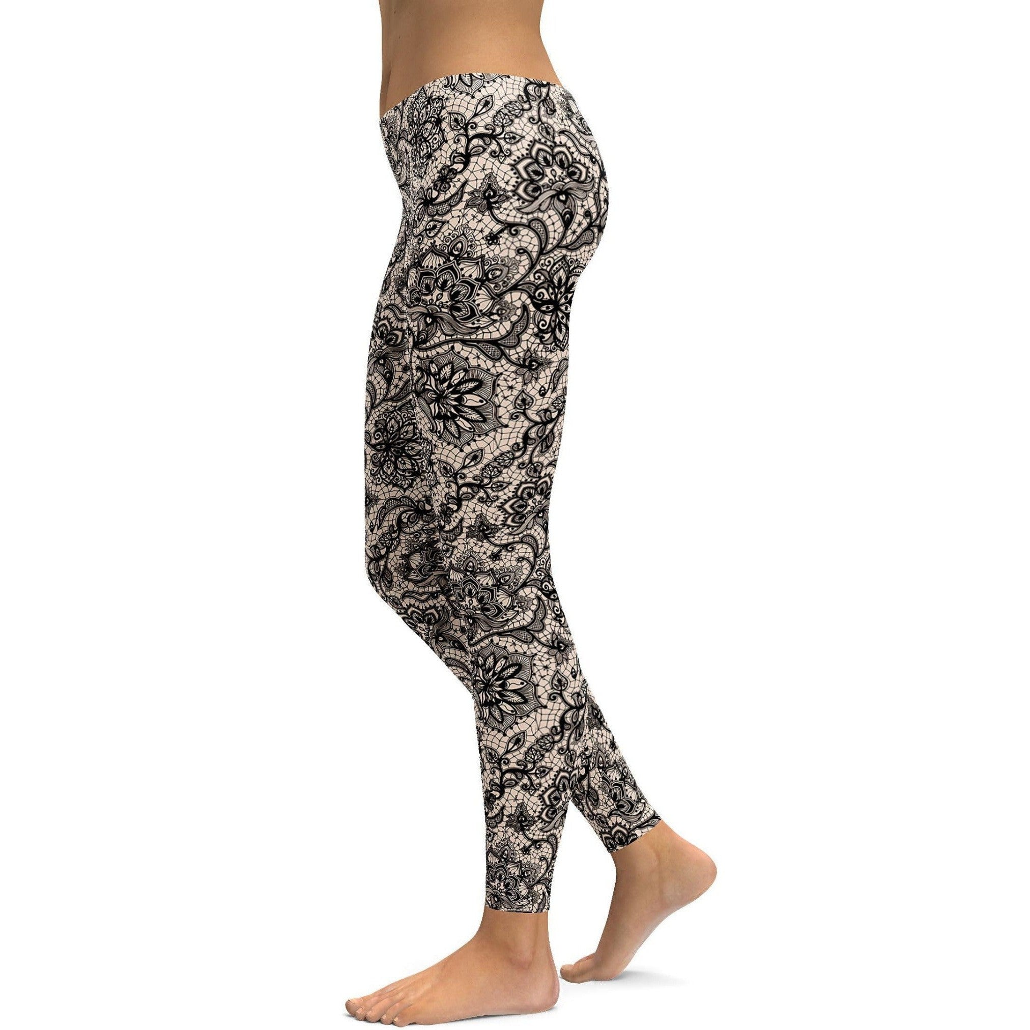 Womens Workout Yoga Black Faux Lace Leggings Grey/Black