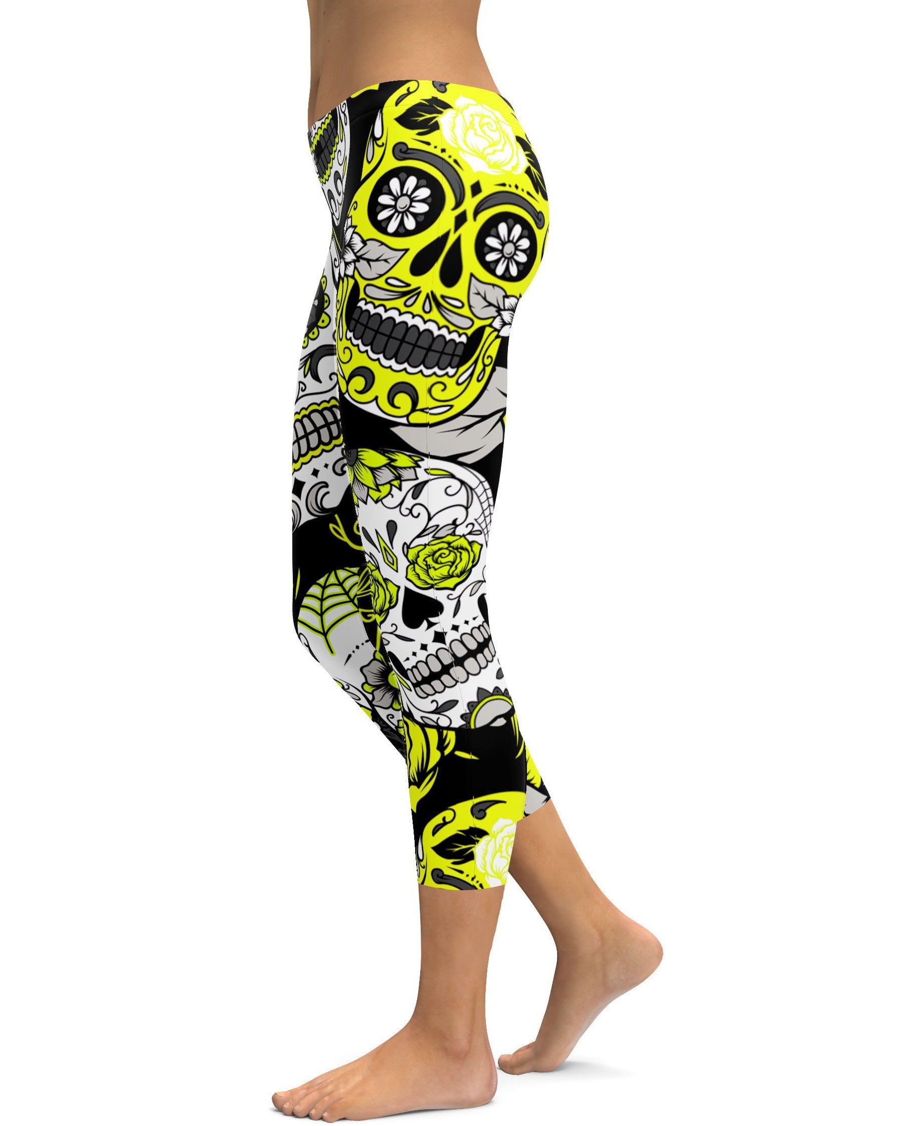 Sassy Yellow Sugar Skull Capris - GearBunch Leggings / Yoga Pants