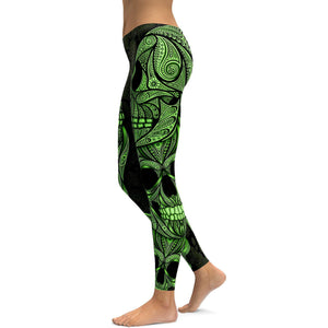 Green Ornamental Skull Leggings - GearBunch Leggings / Yoga Pants