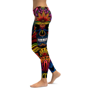 Womens Workout Yoga EDM - Rainbow Rave Skull Leggings | GearBunch