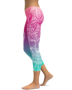 Bright Ornamental Skull Capris - GearBunch Leggings / Yoga Pants