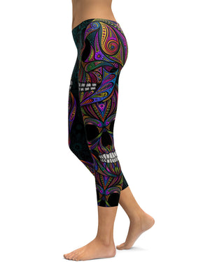 Colorful Ornament Skull Capris - GearBunch Leggings / Yoga Pants