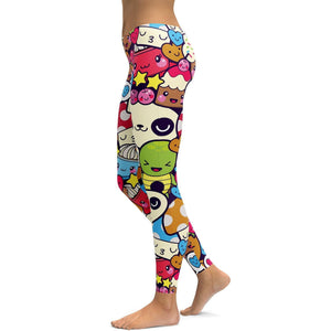 Womens Workout Yoga Happy Kawaii Leggings White/Green/Pink | Gearbunch.com