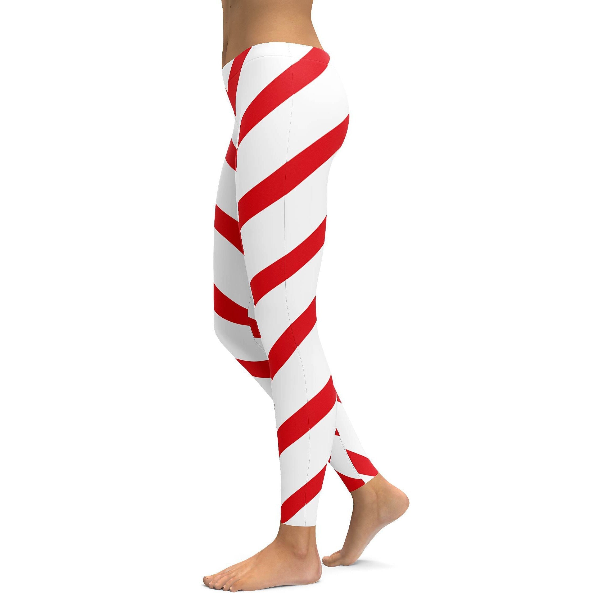 Christmas Leggings Women, Red Xmas Holiday Candy Cane Printed Yoga