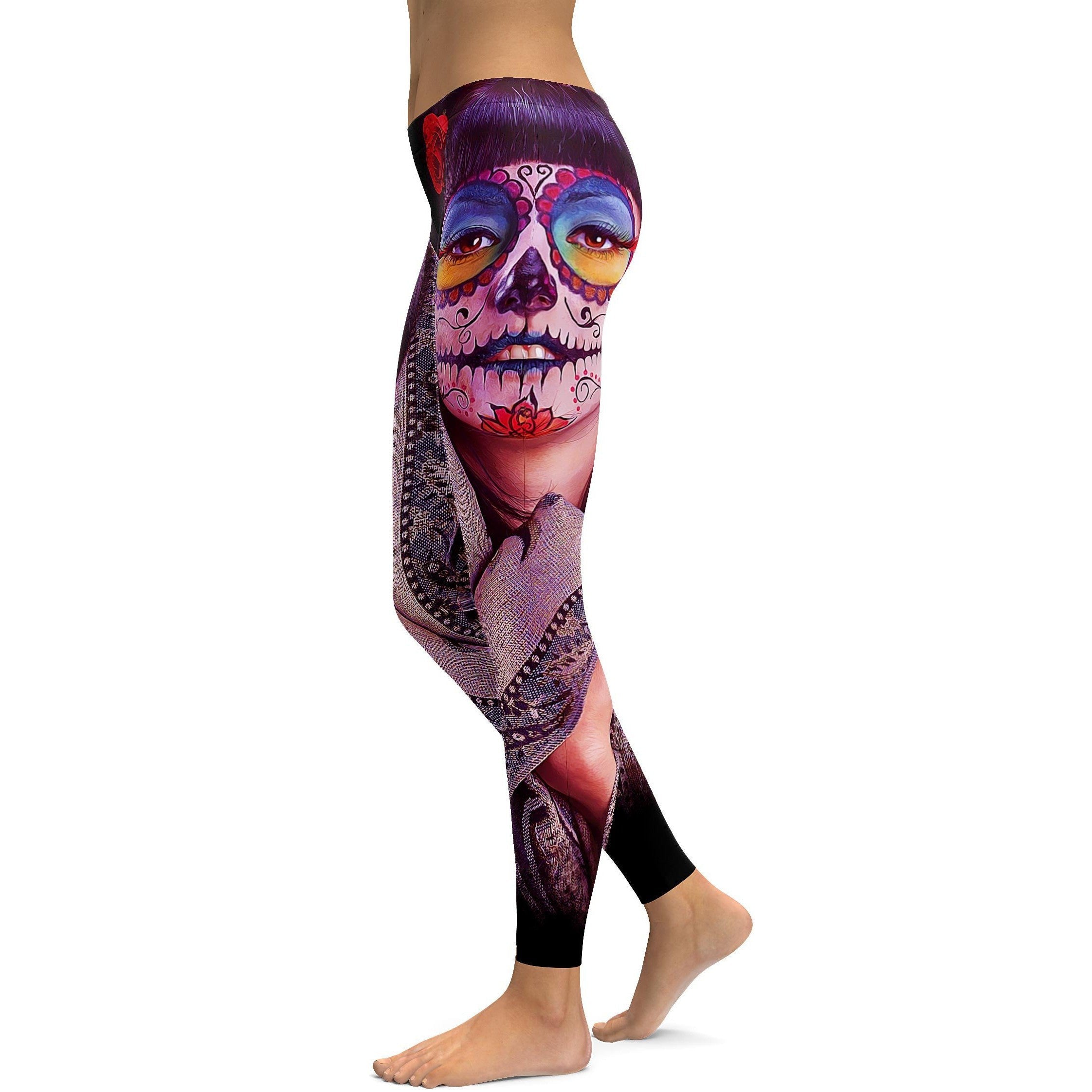 Photorealistic Painted Sugar Skull Leggings - GearBunch Leggings / Yoga Pants