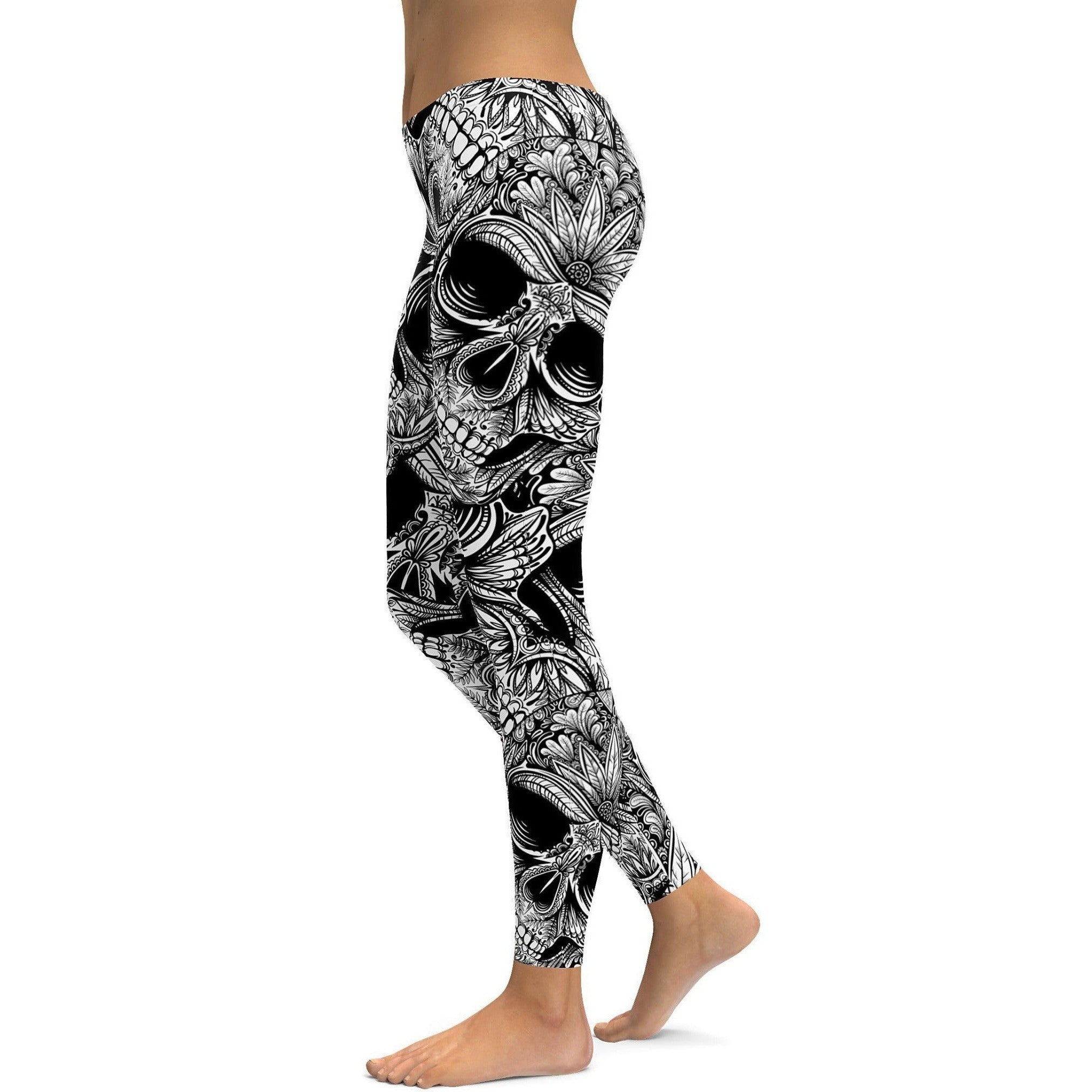 Ornamental Patterned White Skull Leggings - GearBunch