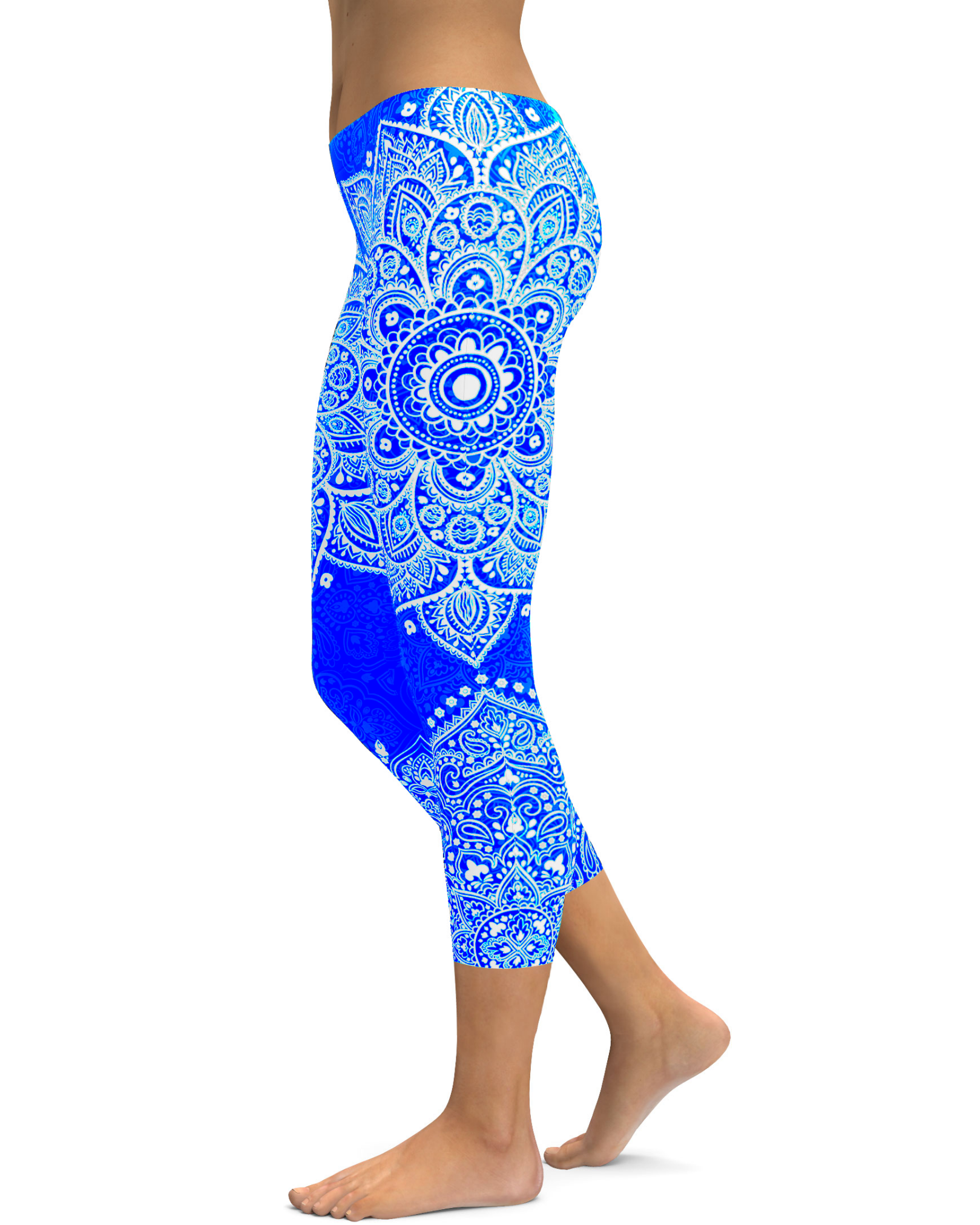 Women's blue and white mandala capris front view