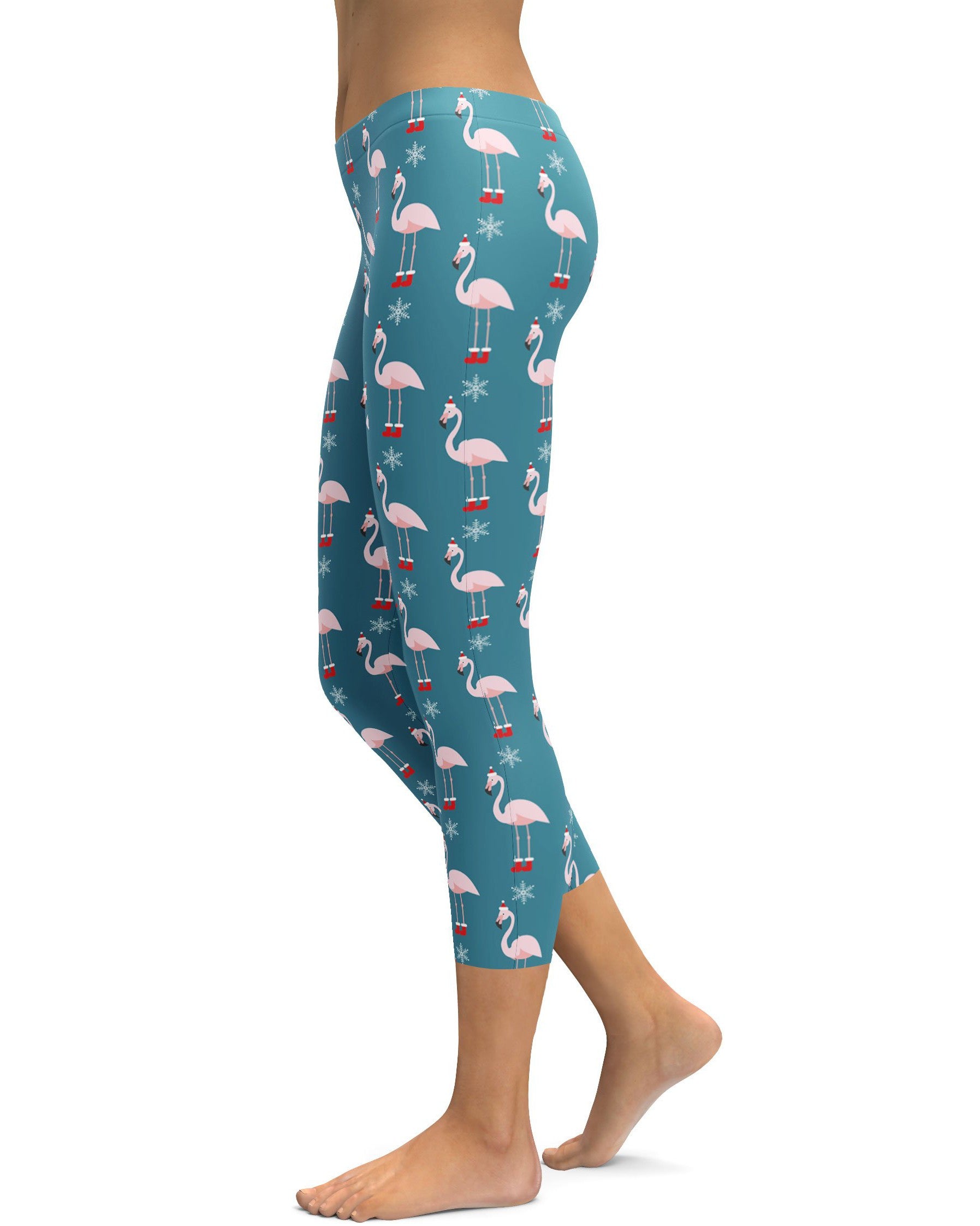 Christmas Flamingo Patterned Capris - GearBunch Leggings / Yoga Pants