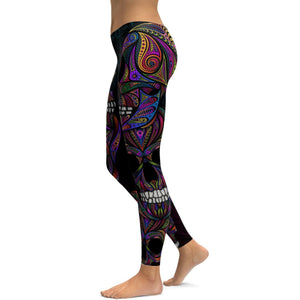 Womens Workout Yoga Colorful Ornamental Skull Leggings Blue/Black/Purple | Gearbunch.com