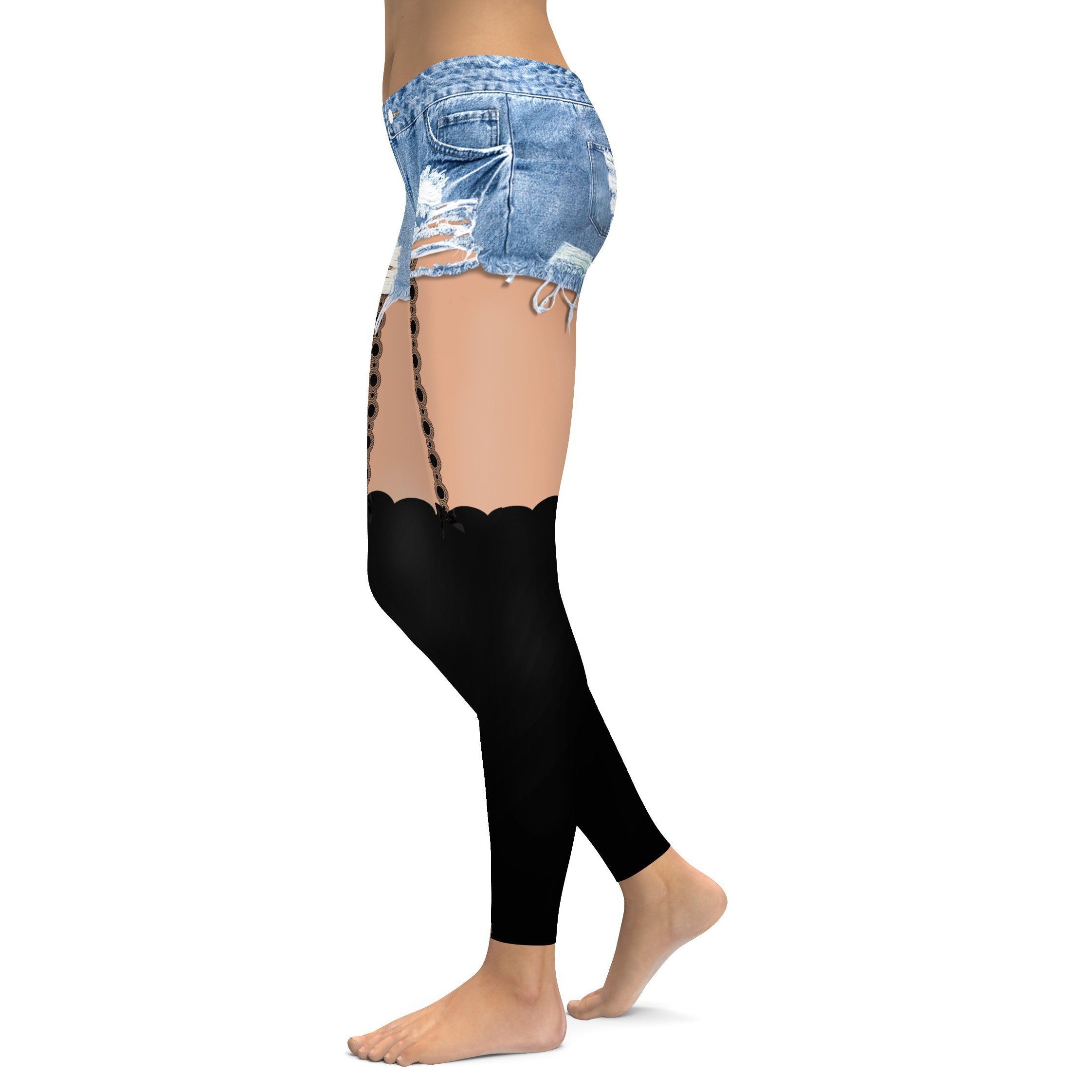 Faux Black Stockings with Denim Shorts Leggings | GearBunch