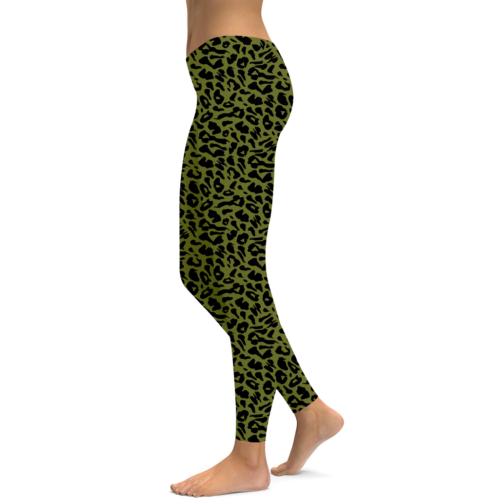 Womens Workout Yoga Olive Green Leopard Print Leggings