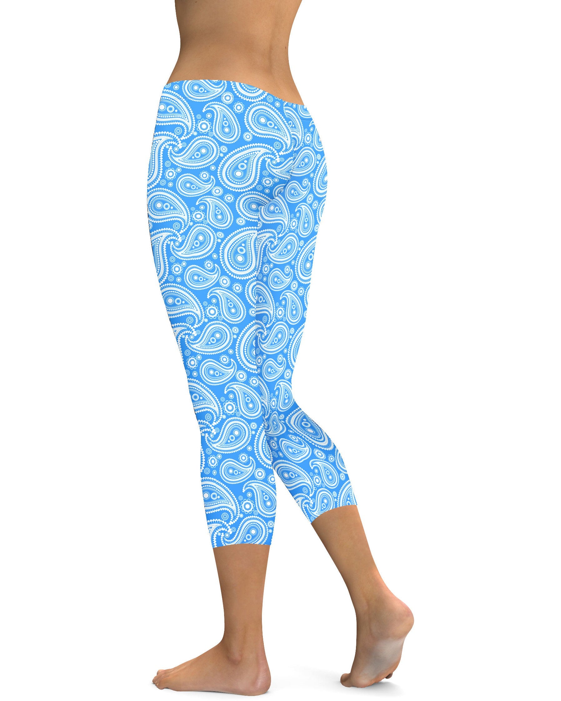 Womens Fashion Blue & White Paisley Capri Leggings | Gearbunch.com