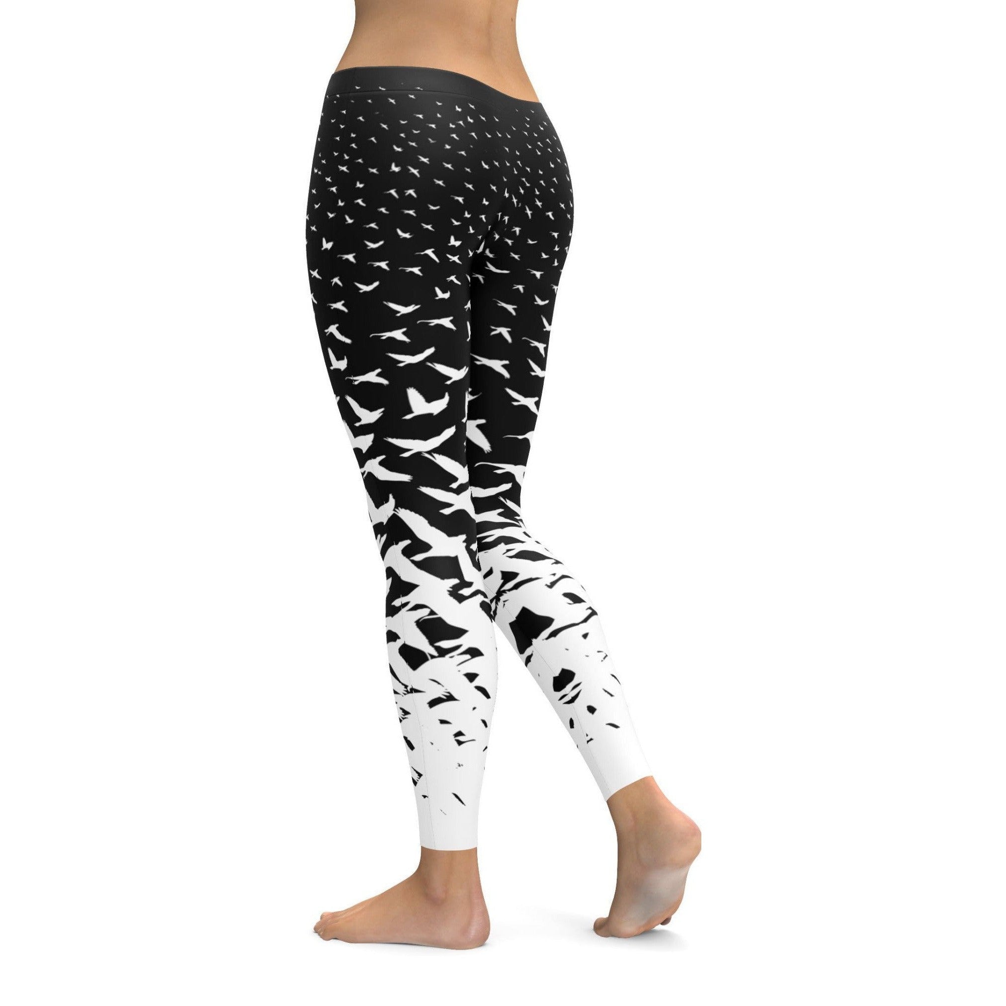 Womens Workout Yoga B&W Flying Birds Leggings