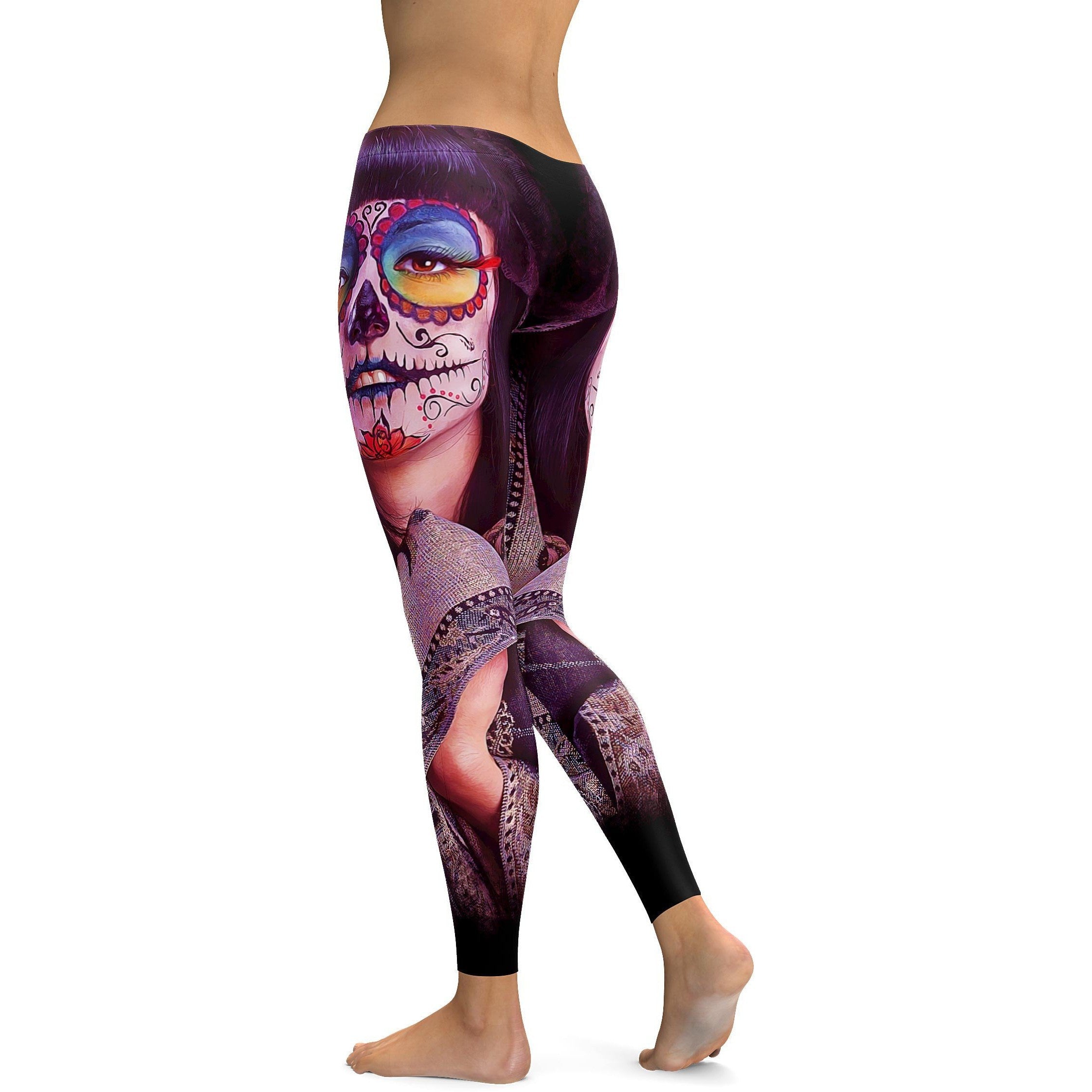 Photorealistic Painted Sugar Skull Leggings - GearBunch Leggings / Yoga Pants