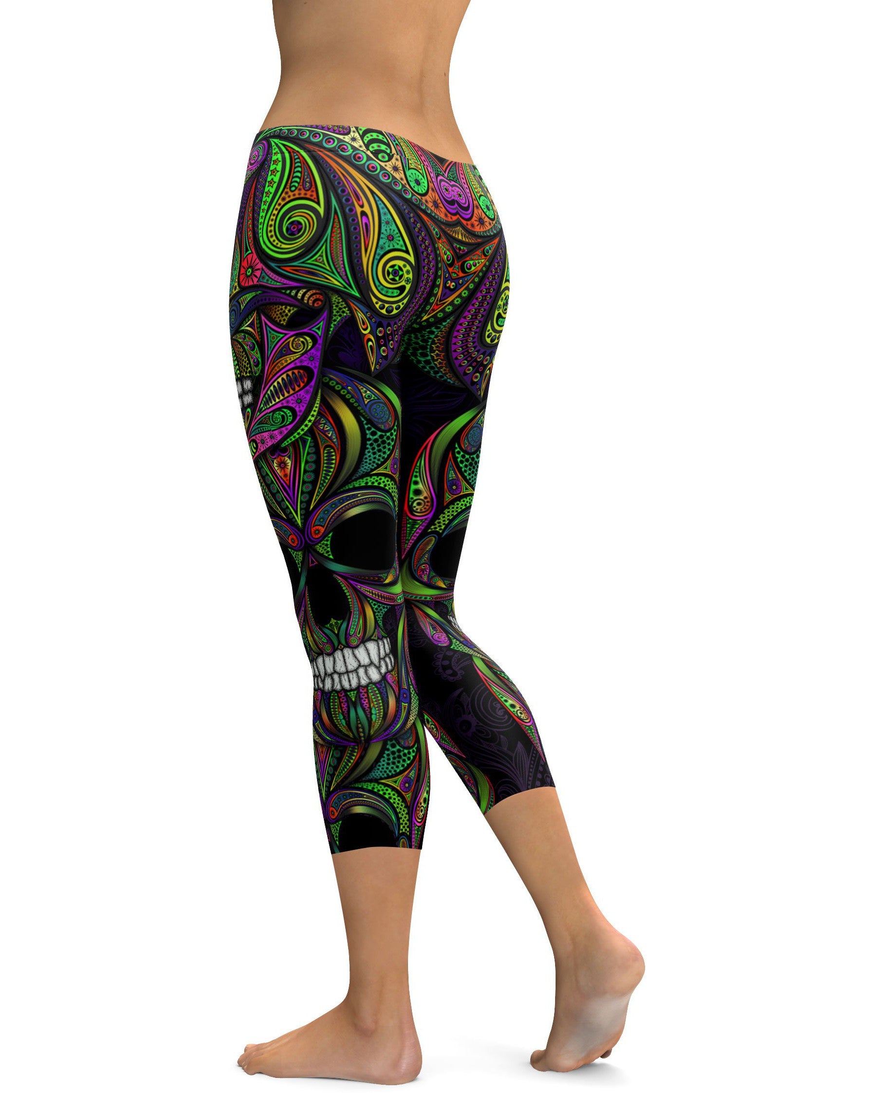 Colorful Green Ornament Skull Capris - GearBunch Leggings / Yoga Pants