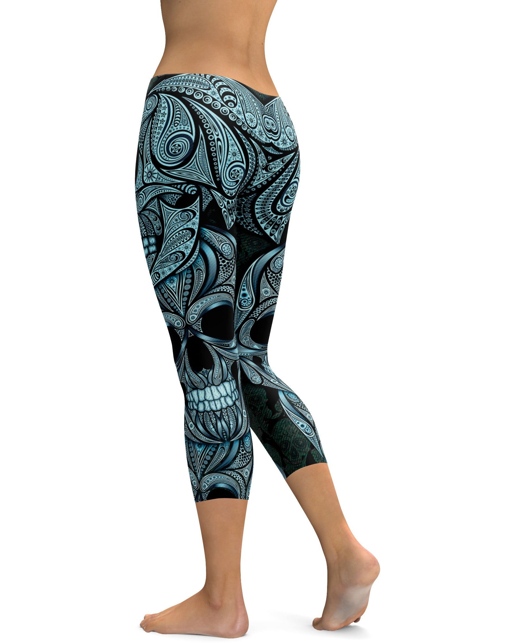 Blue Ornamental Skull Capris - GearBunch Leggings / Yoga Pants