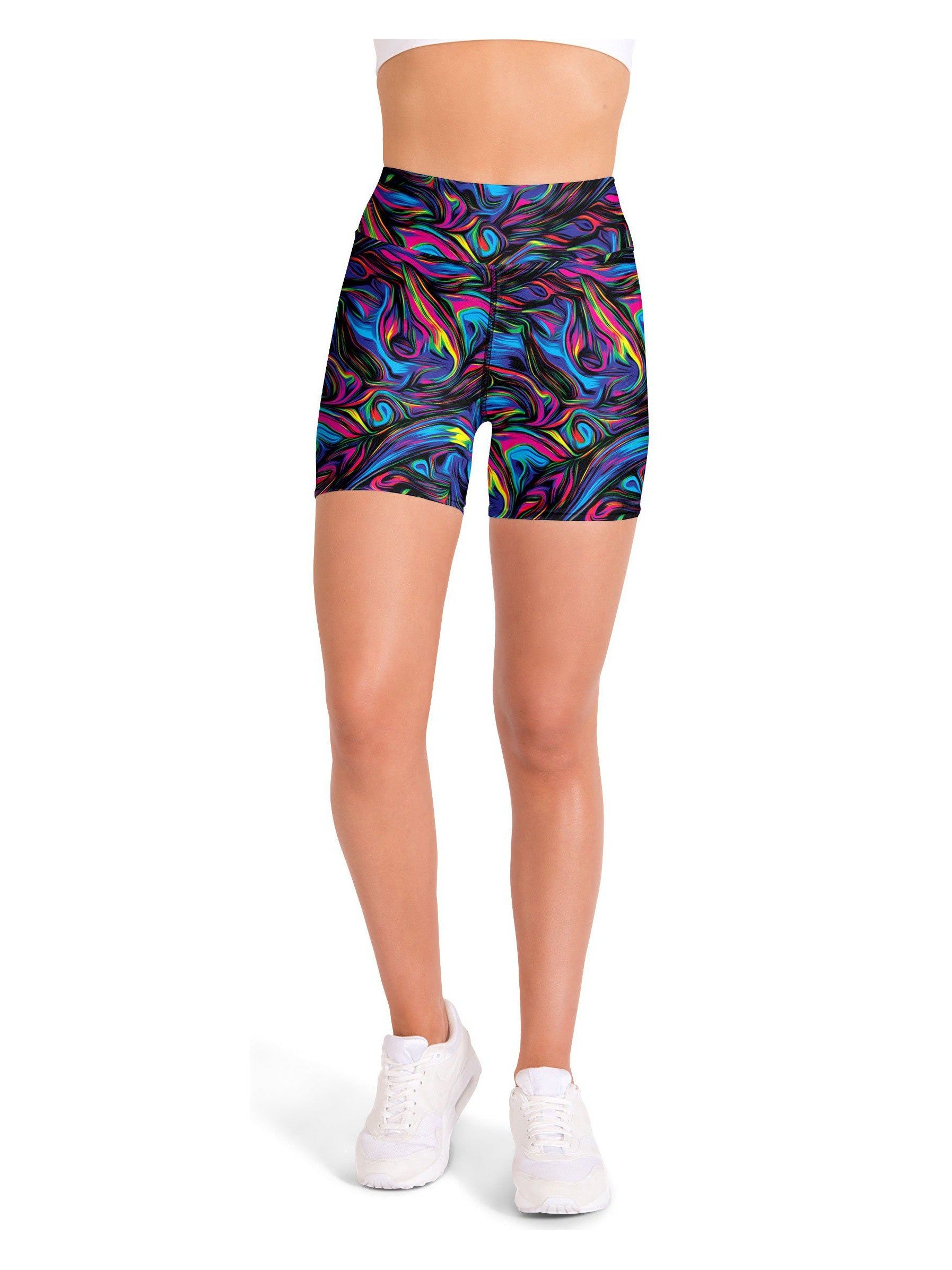 Psychedelic Neon Paint Yoga Shorts Gearbunch