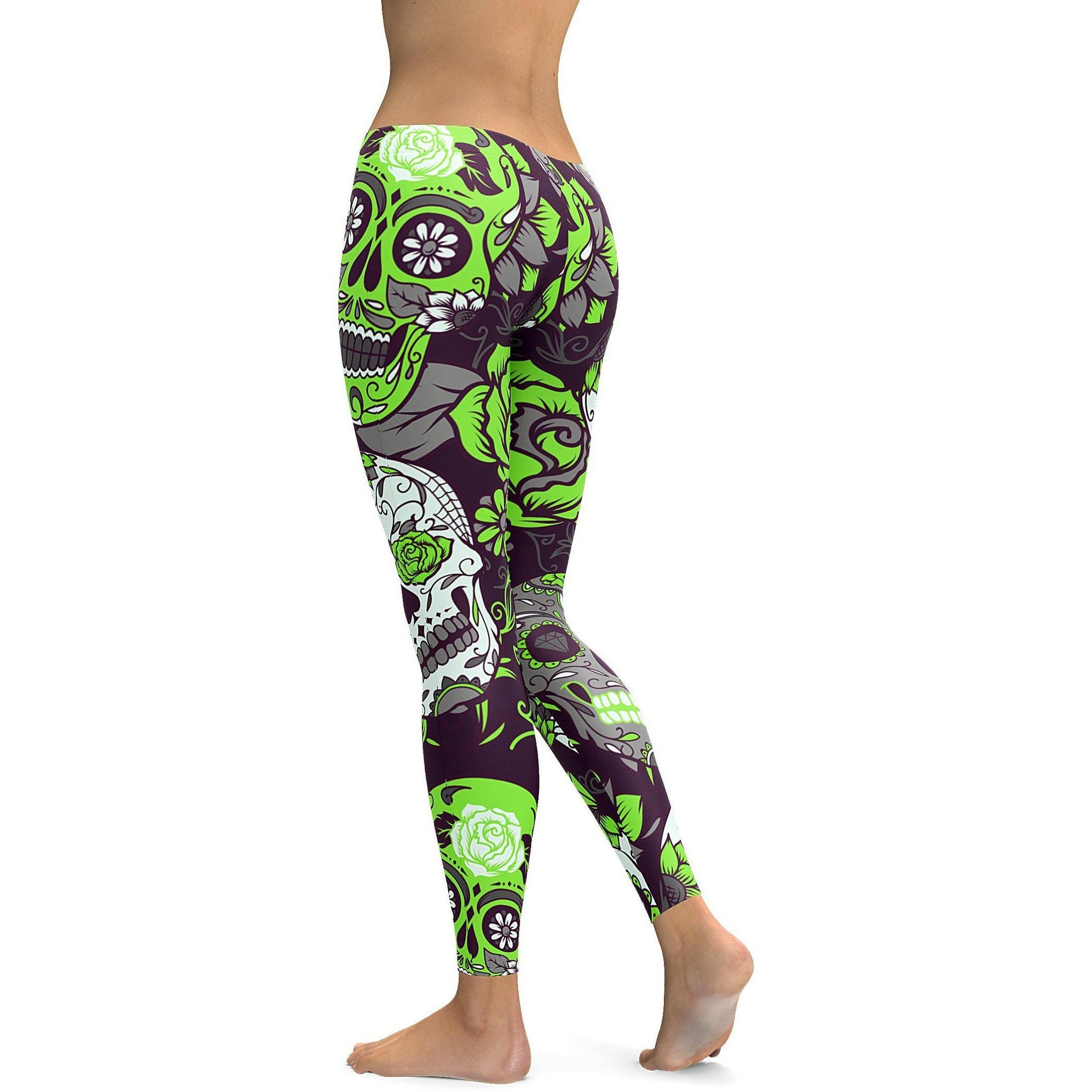 Womens Workout Yoga Lime Green Sugar Skull Leggings White/Green/Black | Gearbunch.com