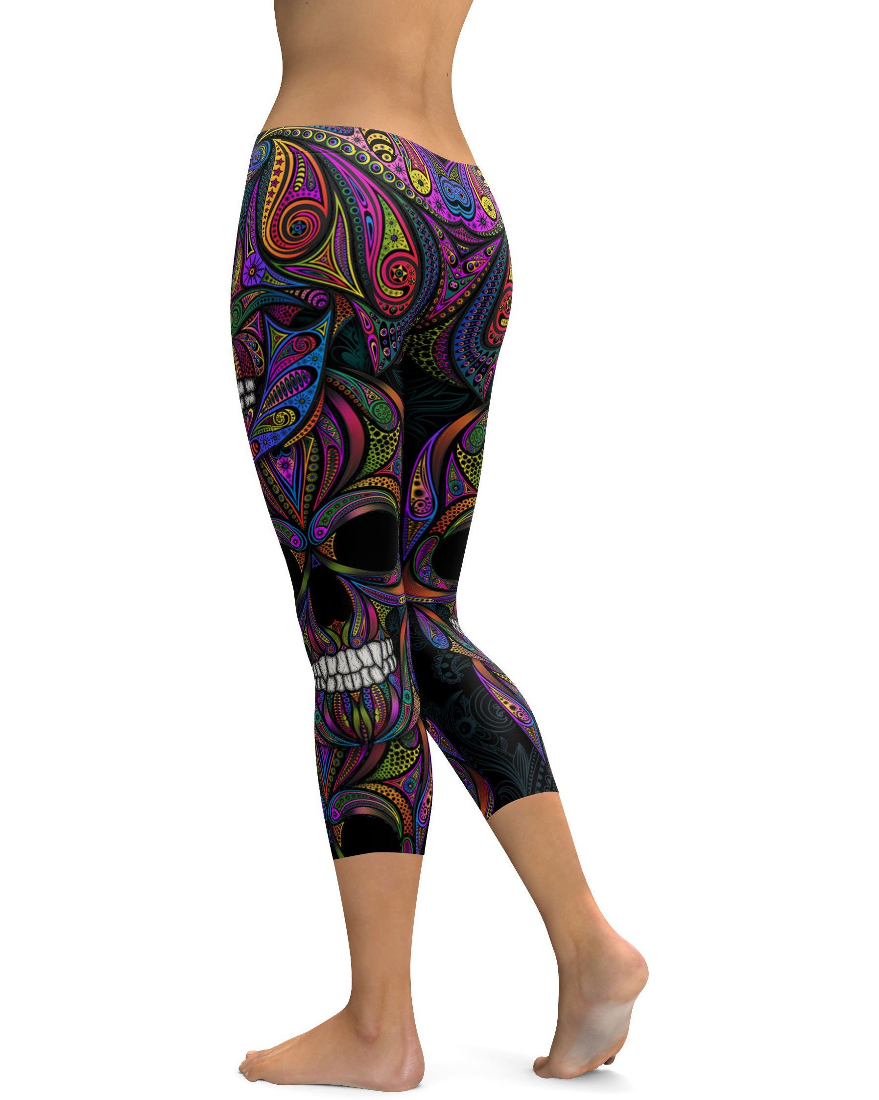 Colorful Ornament Skull Capris - GearBunch Leggings / Yoga Pants