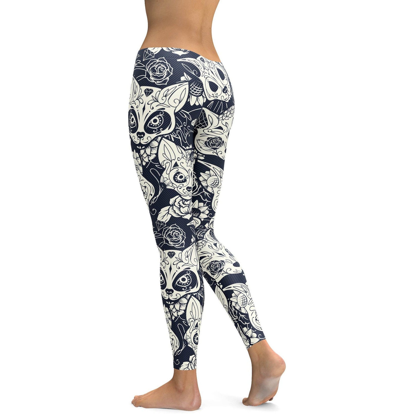 Womens Workout Yoga Sugar Skull Cats Leggings Grey/Blue | GearBunch