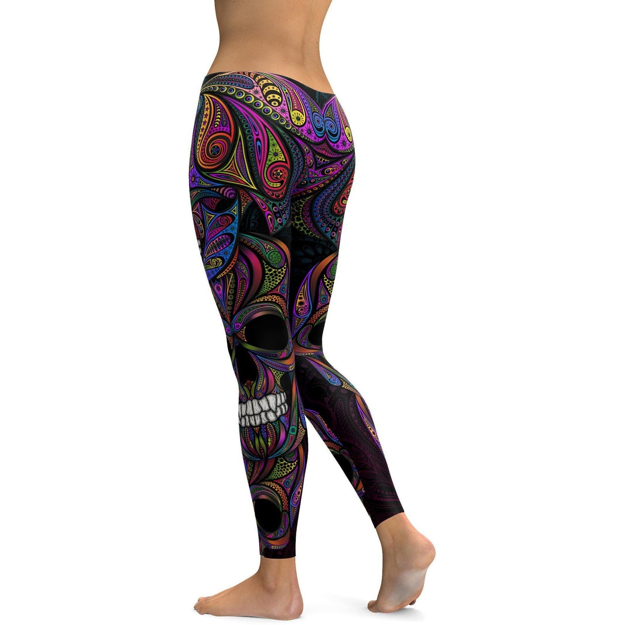 Womens Workout Yoga Colorful Ornamental Skull Leggings Blue/Black/Purple | Gearbunch.com