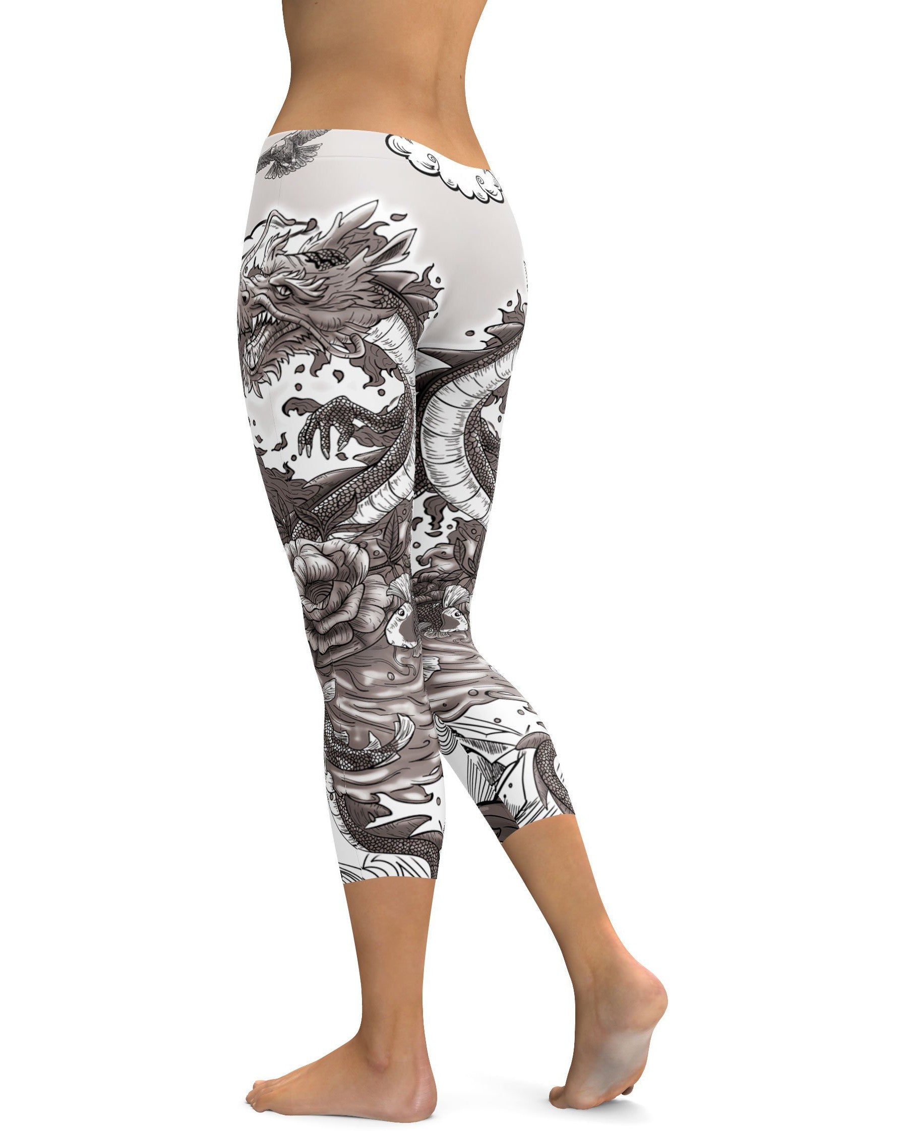 B&W Tattooed Dragon Capris - GearBunch Leggings / Yoga Pants