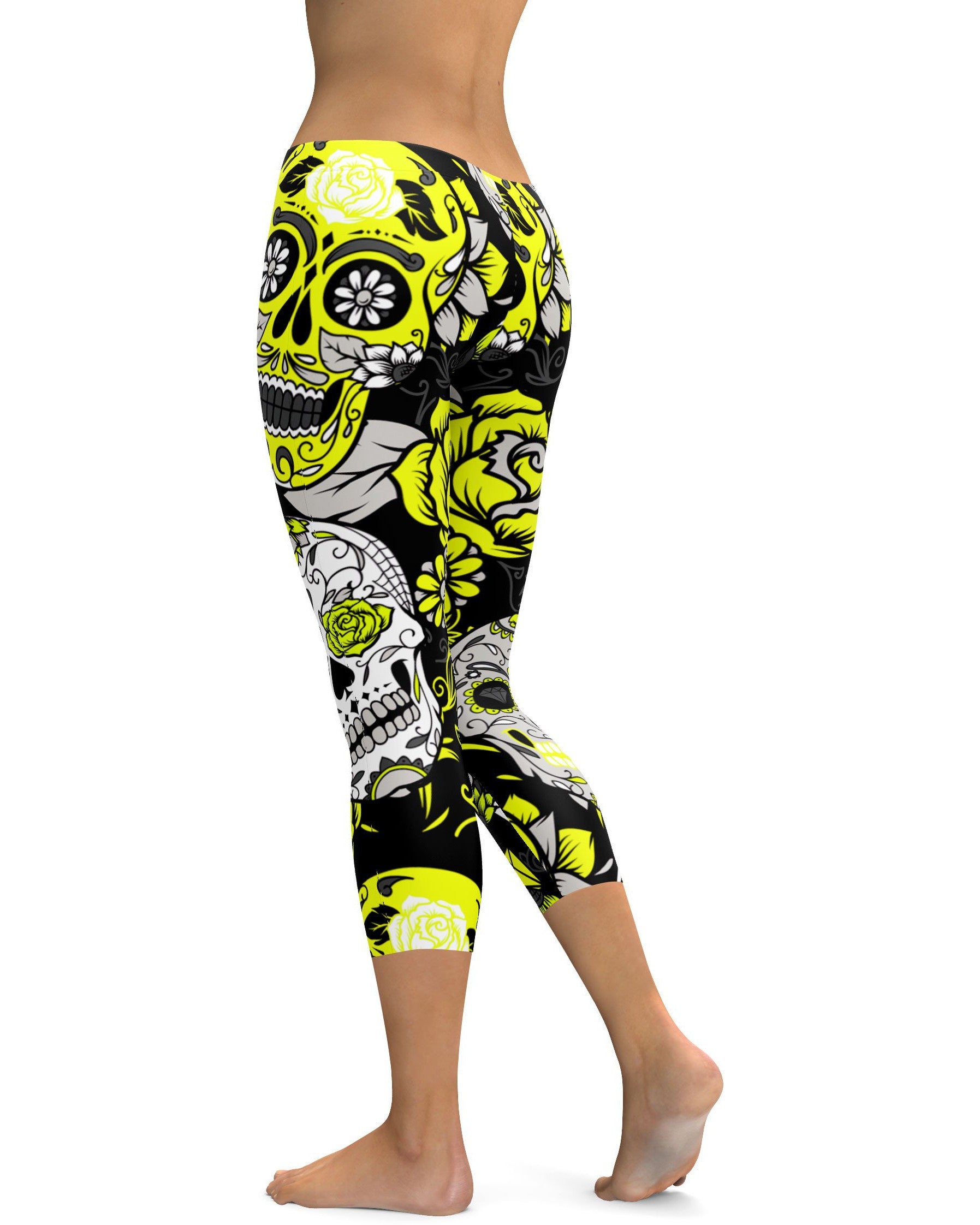 Sassy Yellow Sugar Skull Capris - GearBunch Leggings / Yoga Pants