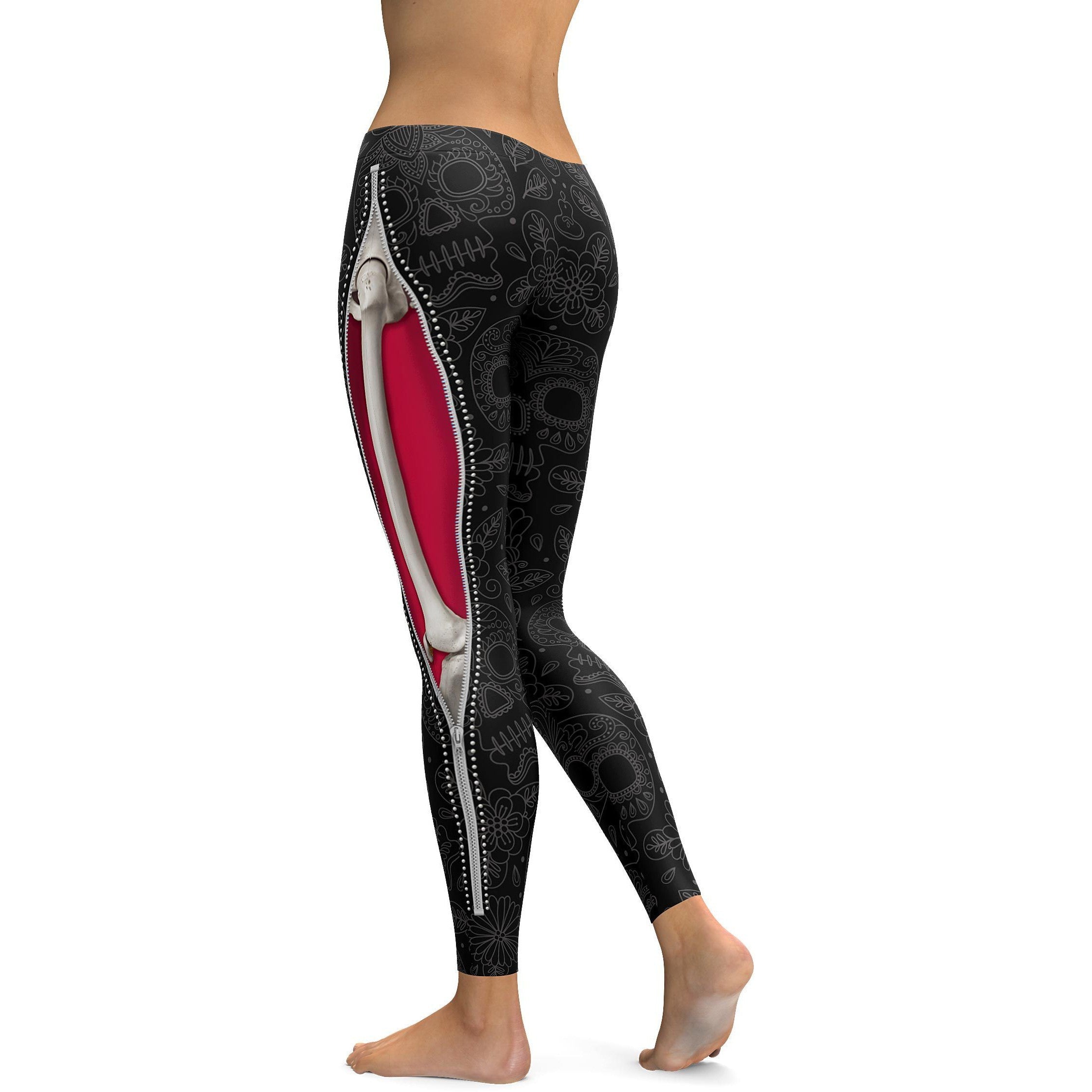 Realistic Skeleton with Black Zipper Leggings - GearBunch Leggings / Yoga Pants