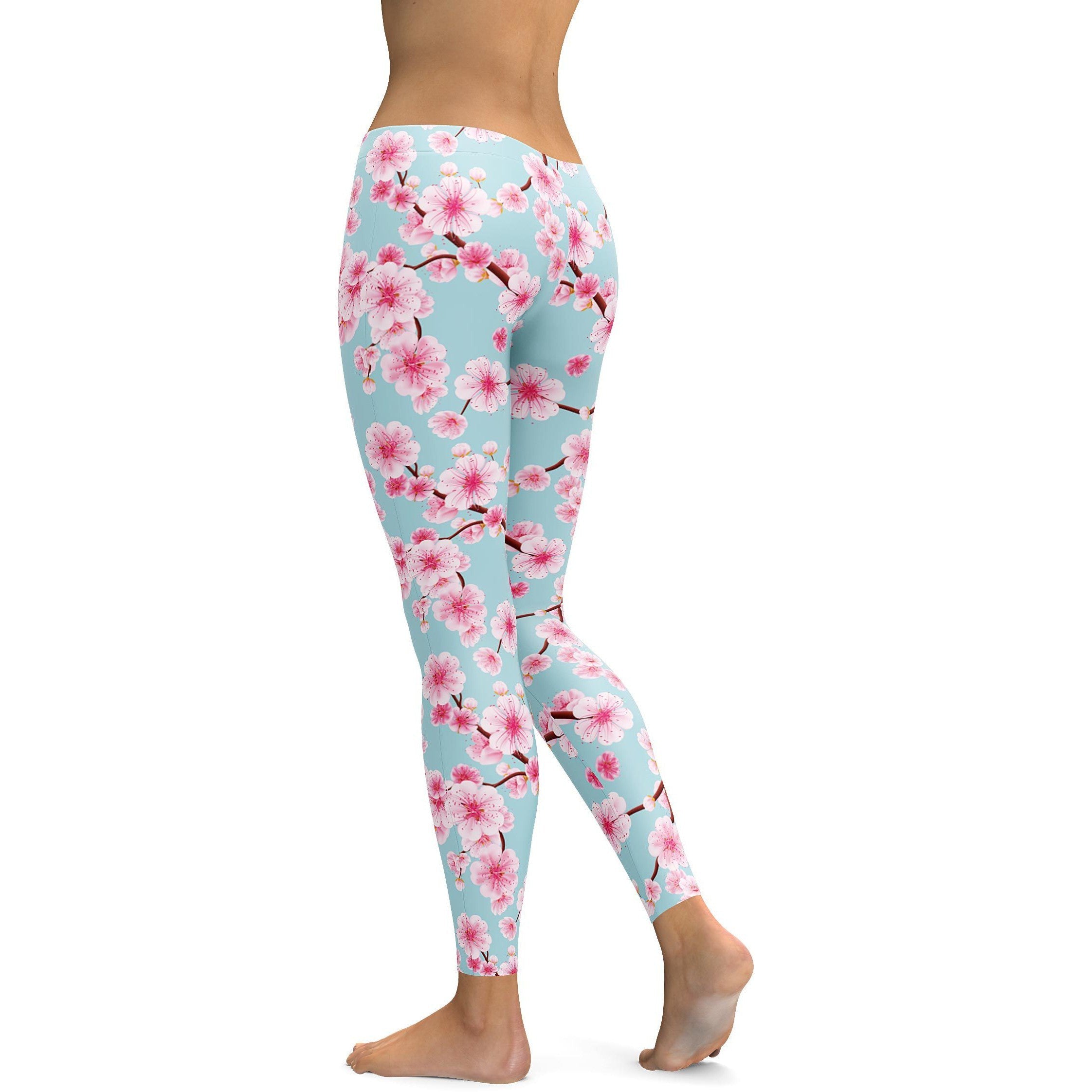 Womens Workout Yoga Japanese Cherry Blossom Leggings Blue/Pink/White | Gearbunch.com