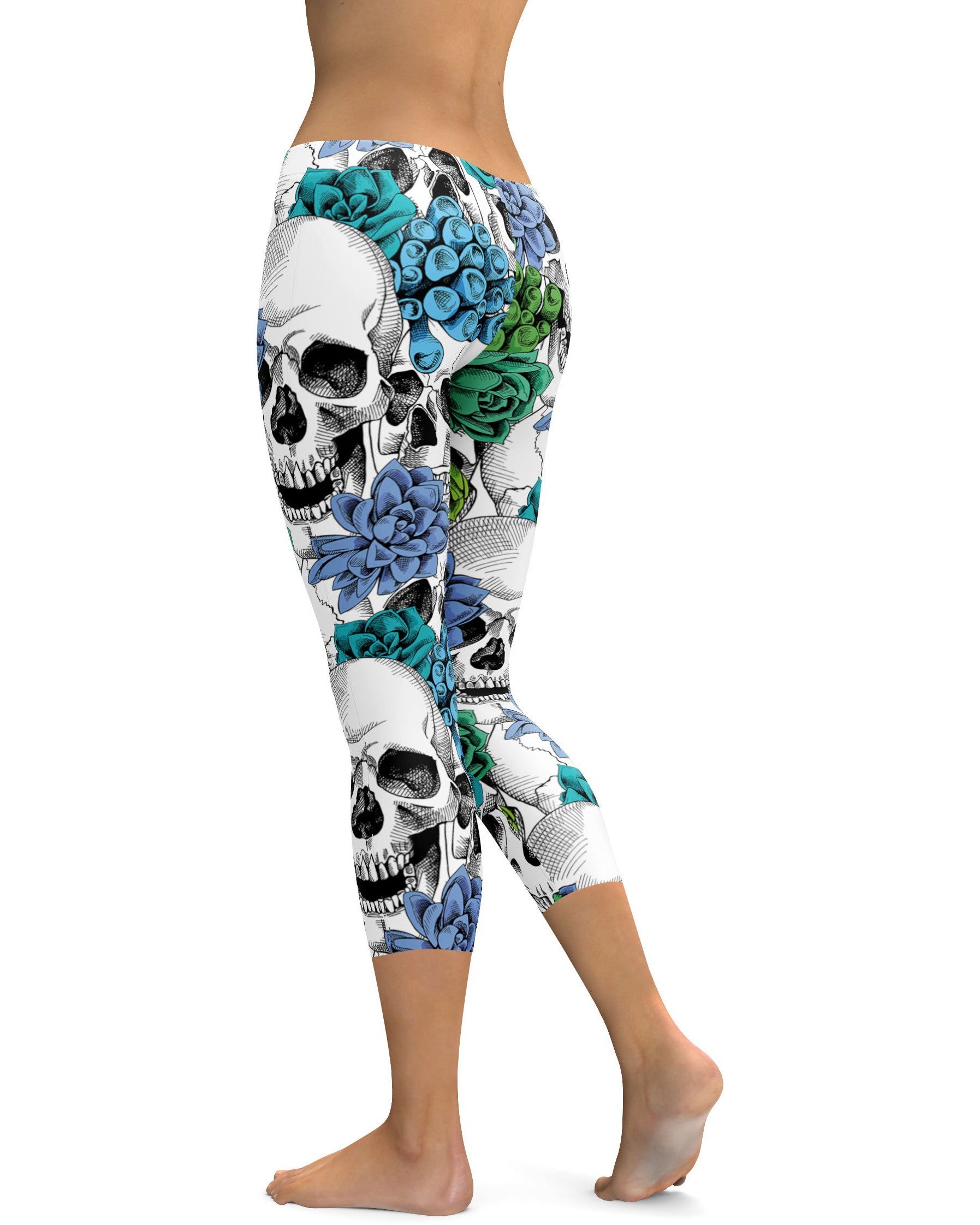 Womens Fashion Blue Floral Skulls Capris Leggings | Gearbunch.com