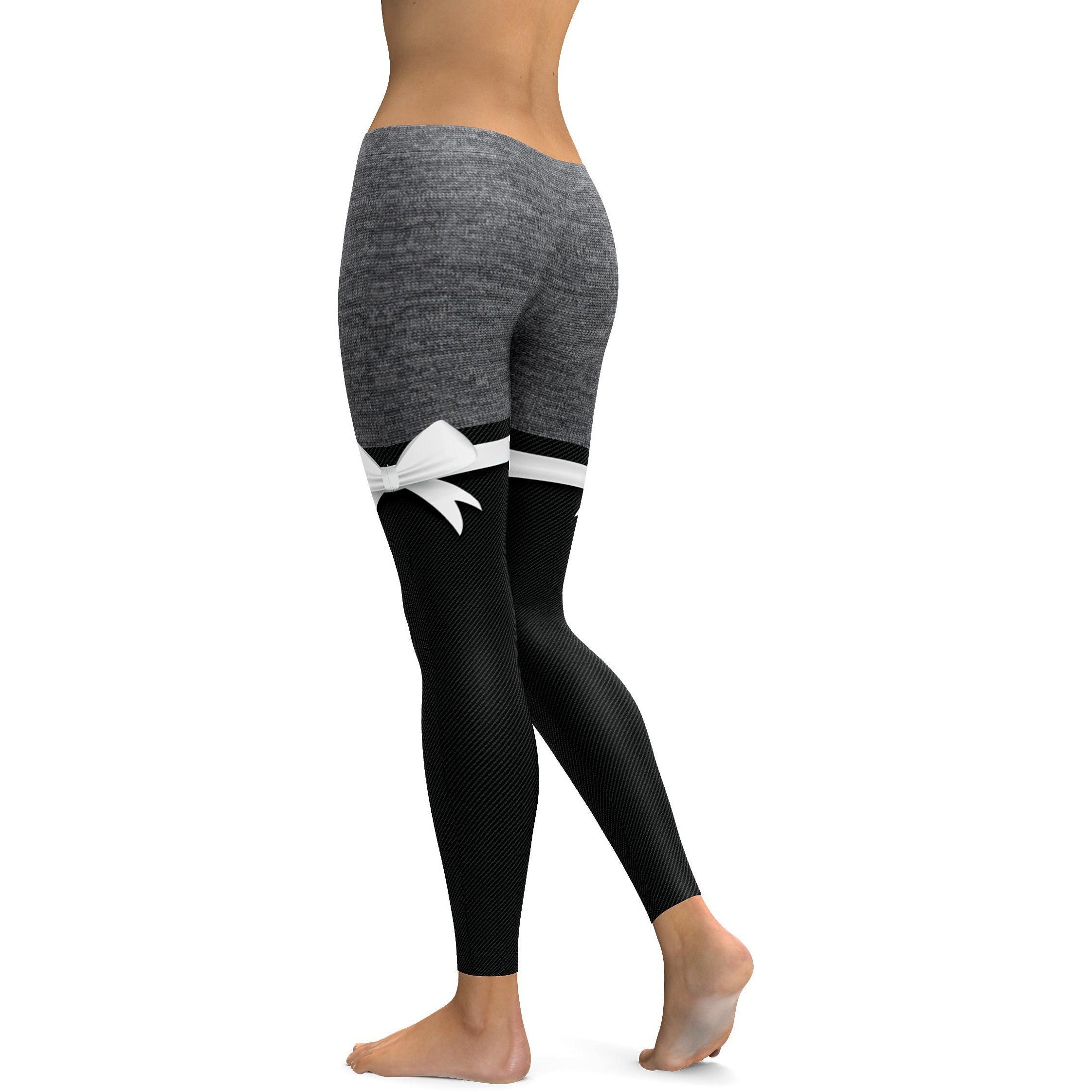 Grey Heathered Thigh High Bow Leggings - GearBunch Leggings / Yoga Pants