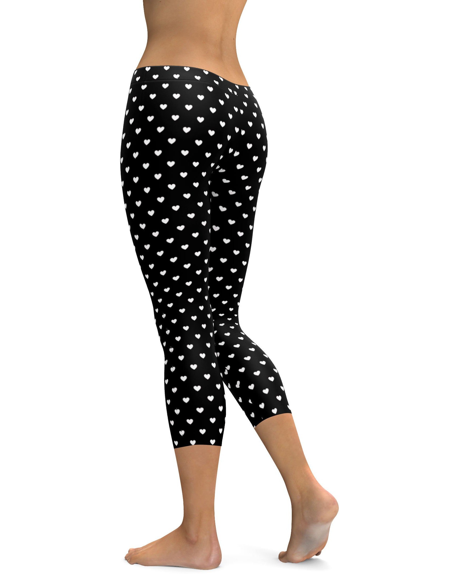 White Mini Hearts Black Capris - GearBunch Leggings / Yoga Pants