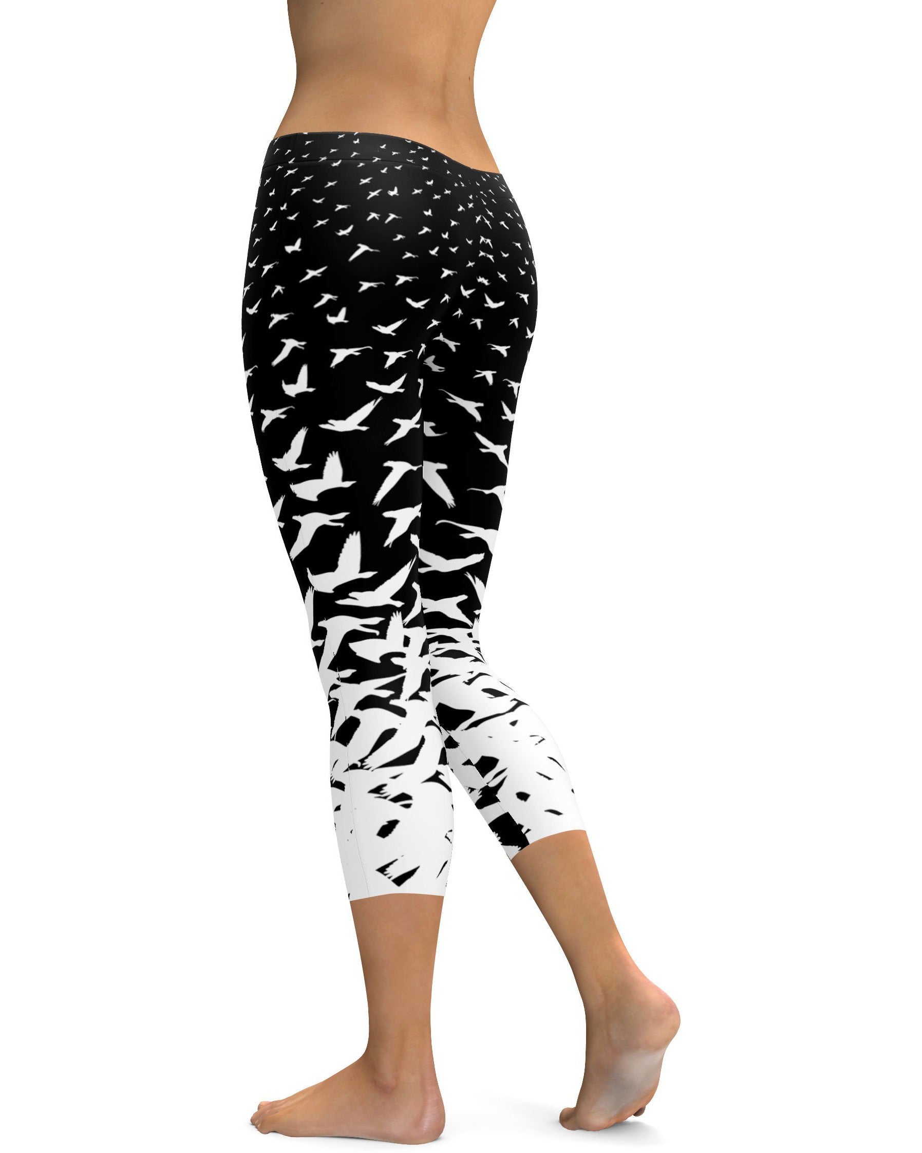 B&W Flying Birds Capris - GearBunch Leggings / Yoga Pants