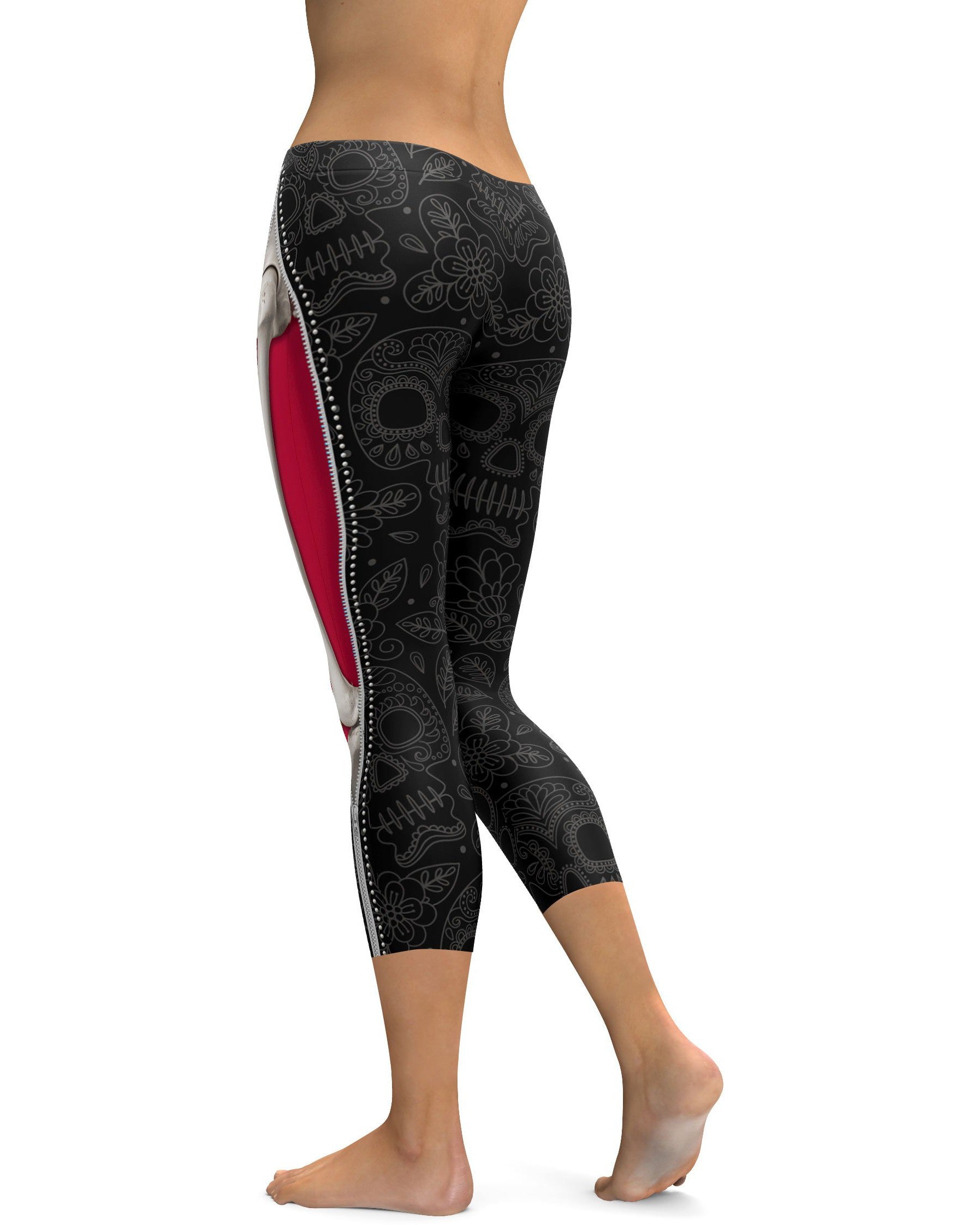 Realistic Skeleton with Black Zipper Capris - GearBunch Leggings / Yoga Pants