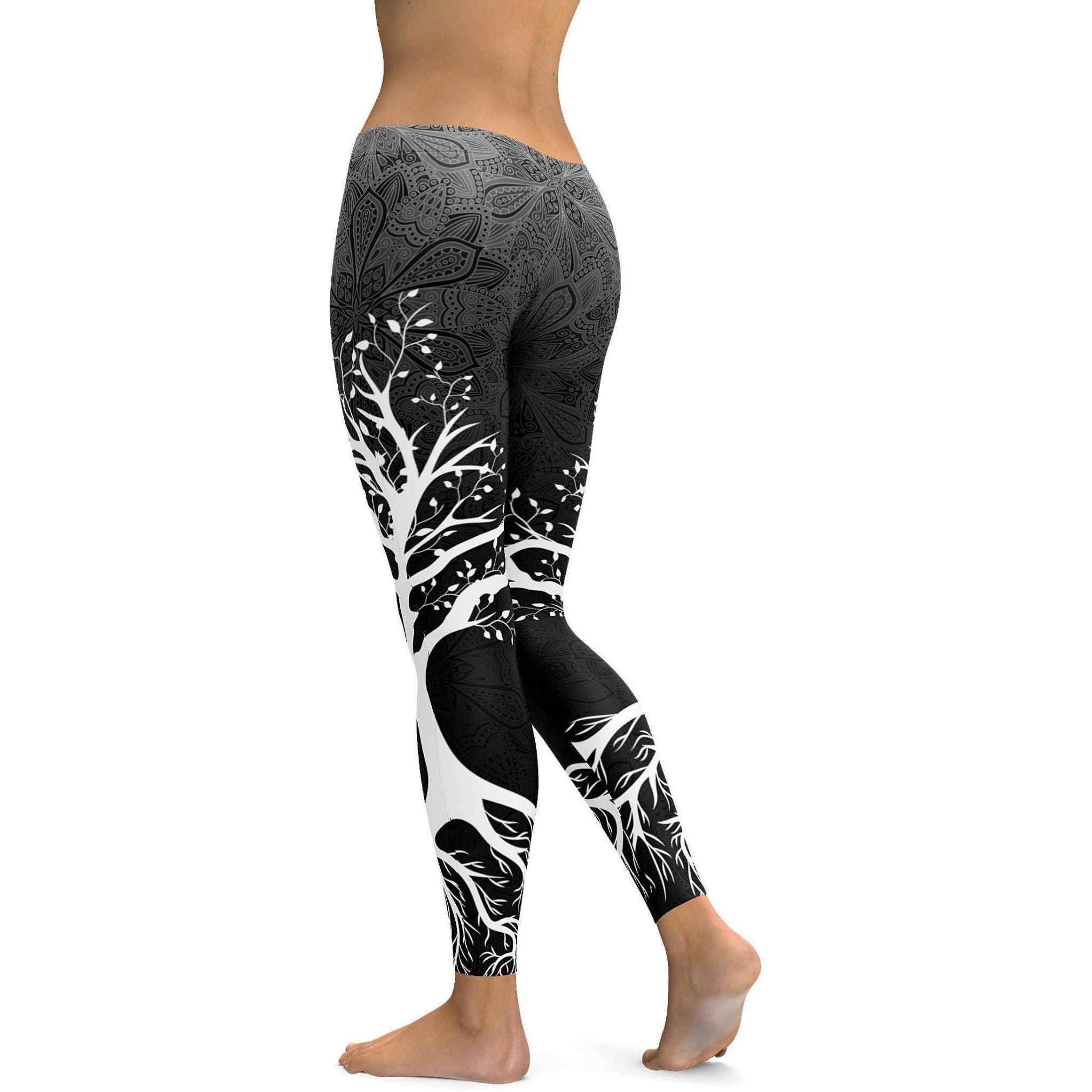 womens workout and yoga leggings with dark tree of life design