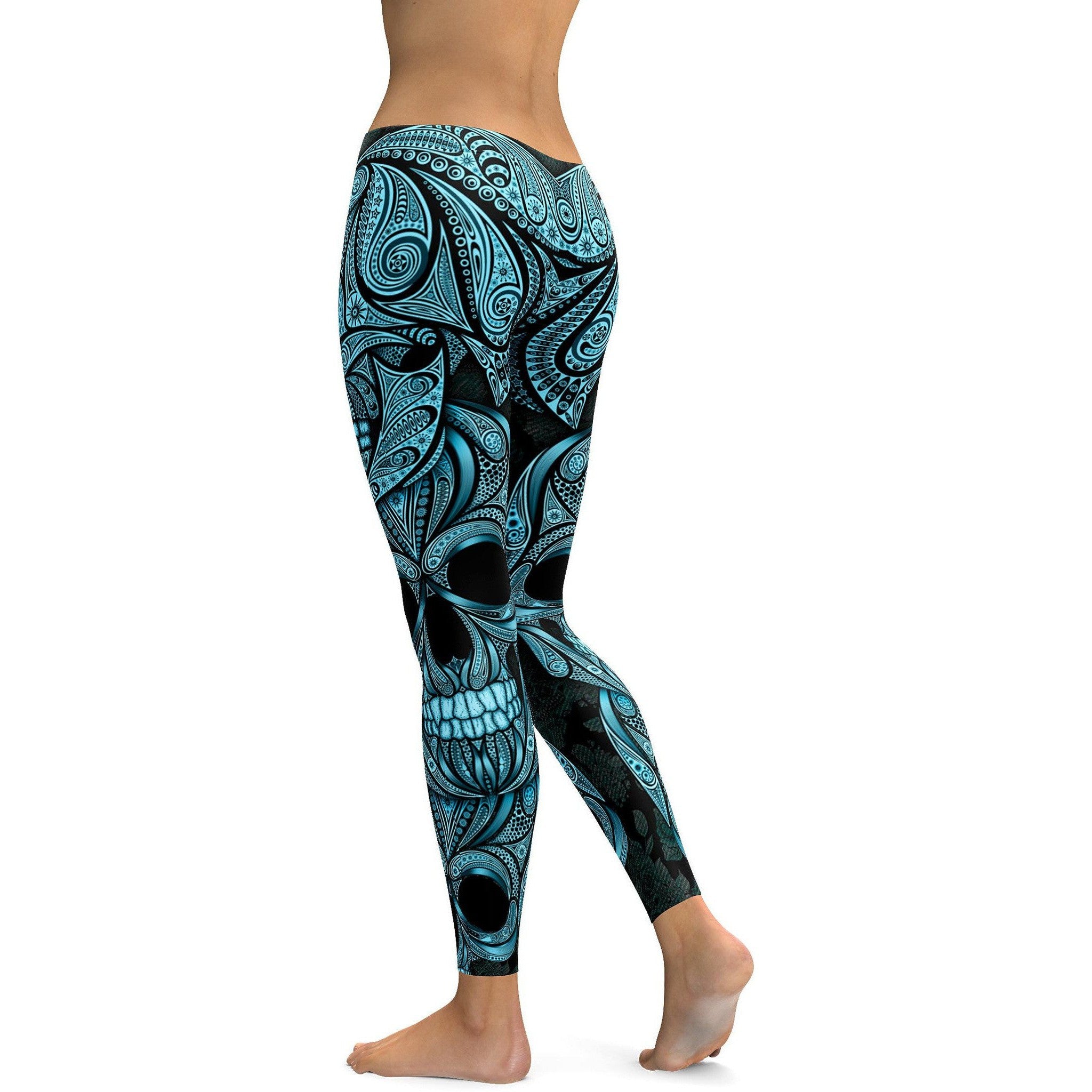 Womens Workout Yoga Blue & Black Ornamental Skull Leggings