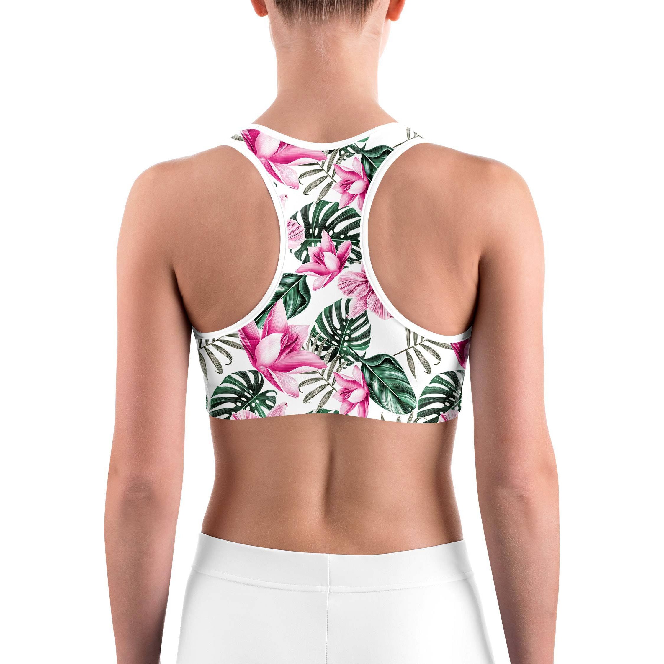 Tropical Floral White Sports Bra