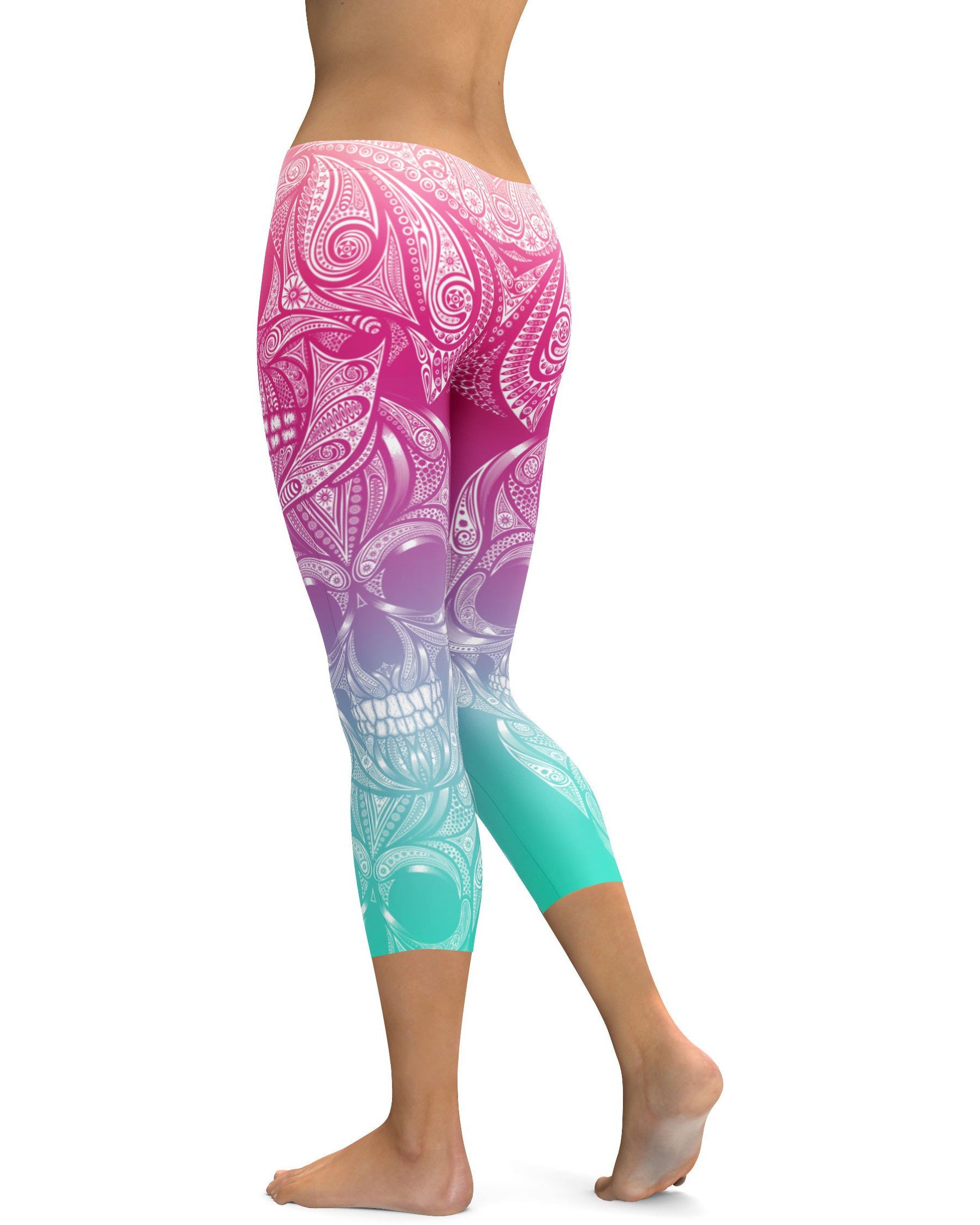 Bright Ornamental Skull Capris - GearBunch Leggings / Yoga Pants