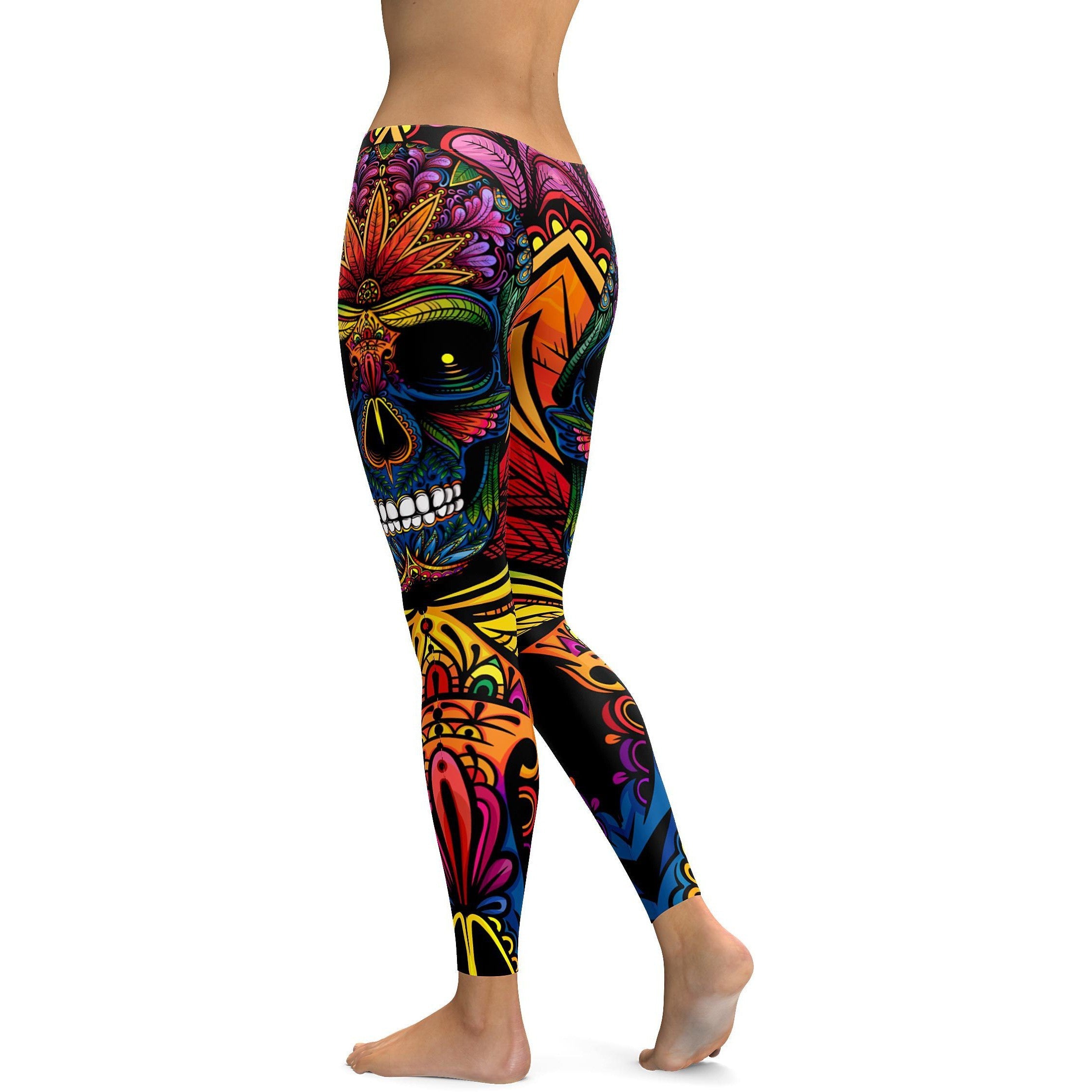 Womens Workout Yoga EDM - Rainbow Rave Skull Leggings Purple
