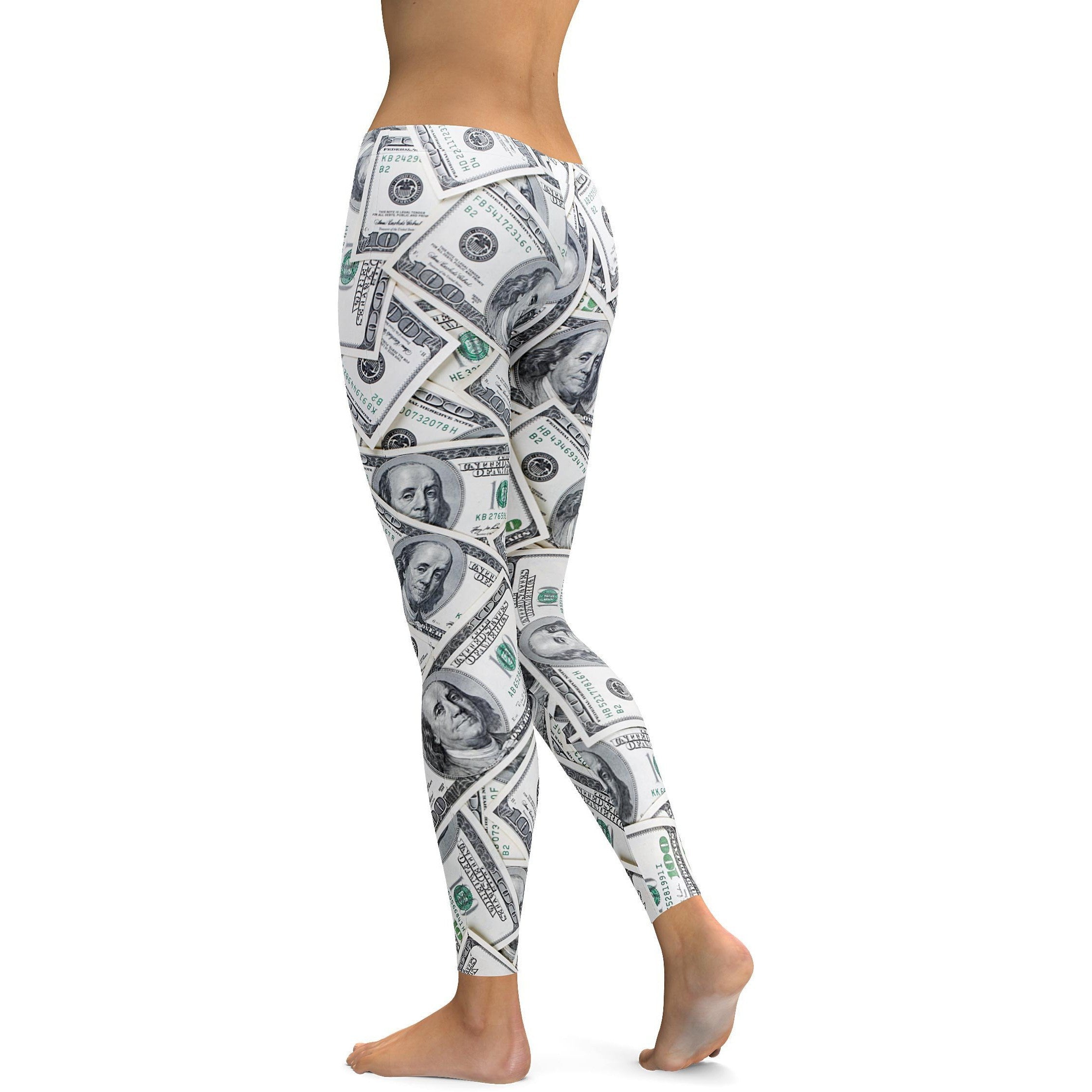 Womens Workout Yoga 100 Dollar Bills Leggings Black/White/Grey | Gear Bunch