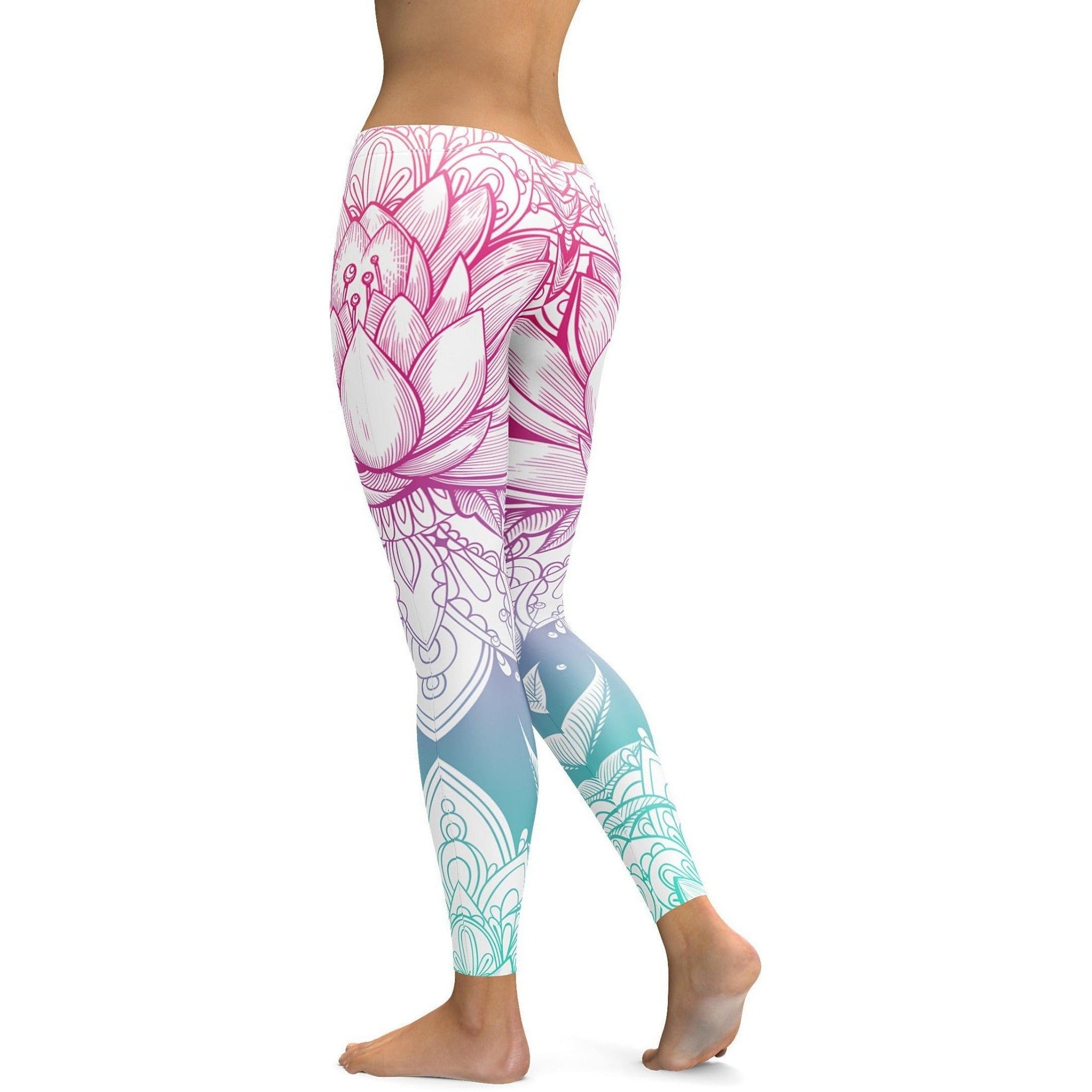 Womens Workout Yoga Bright Lotus Leggings White Pink Blue Gearbunch GearBunch