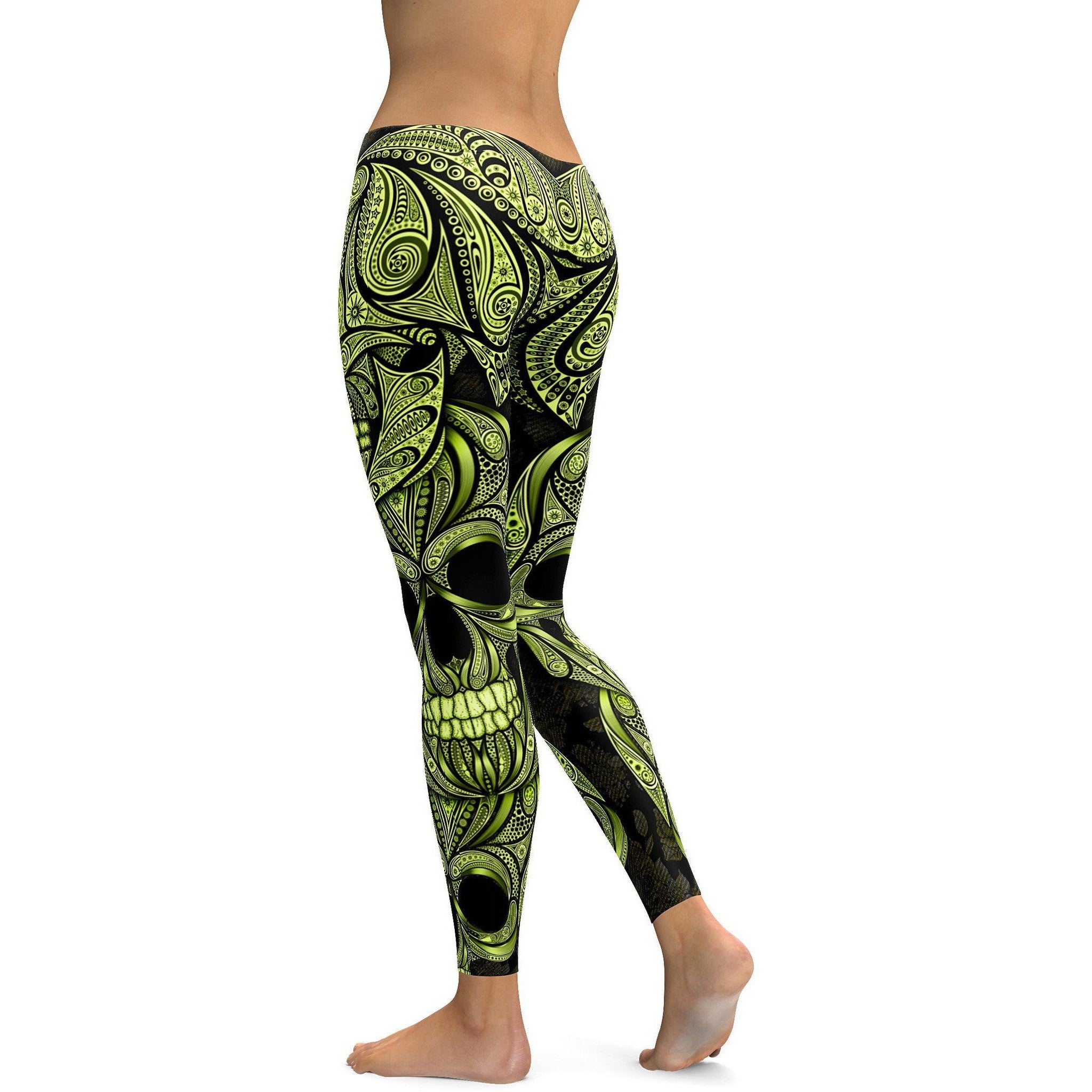 Yellow Ornamental Skull Leggings - GearBunch Leggings / Yoga Pants