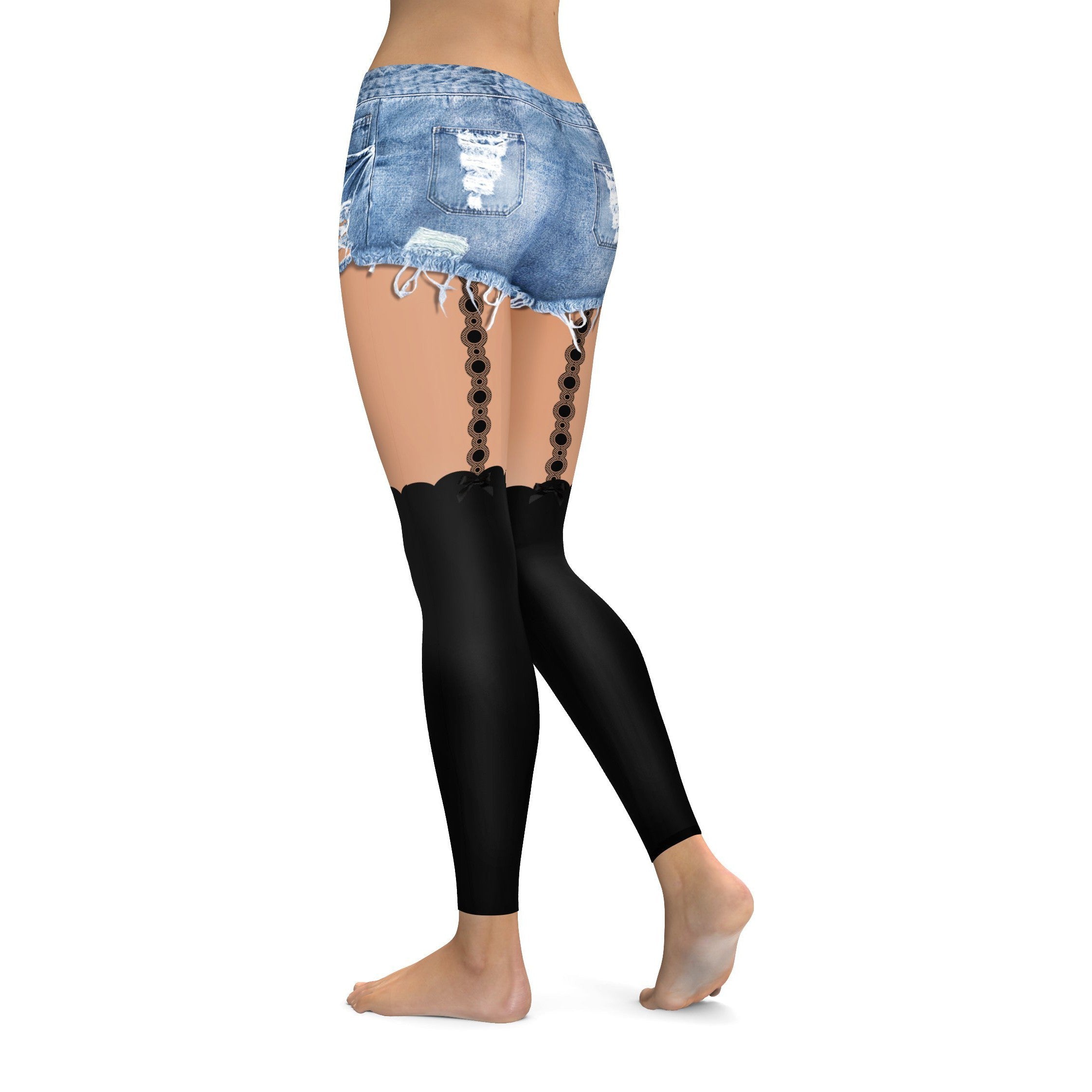 Faux Black Stockings with Denim Shorts Leggings | GearBunch