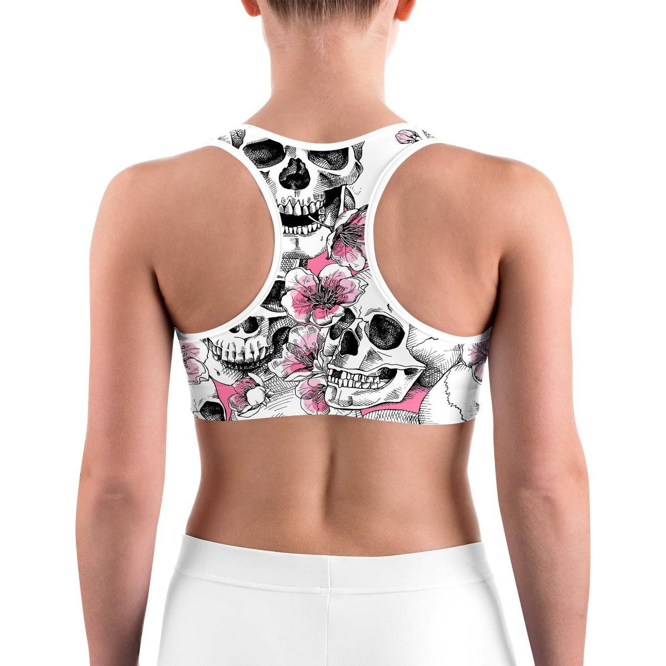 Pink Floral Skulls Sports bra | Gearbunch